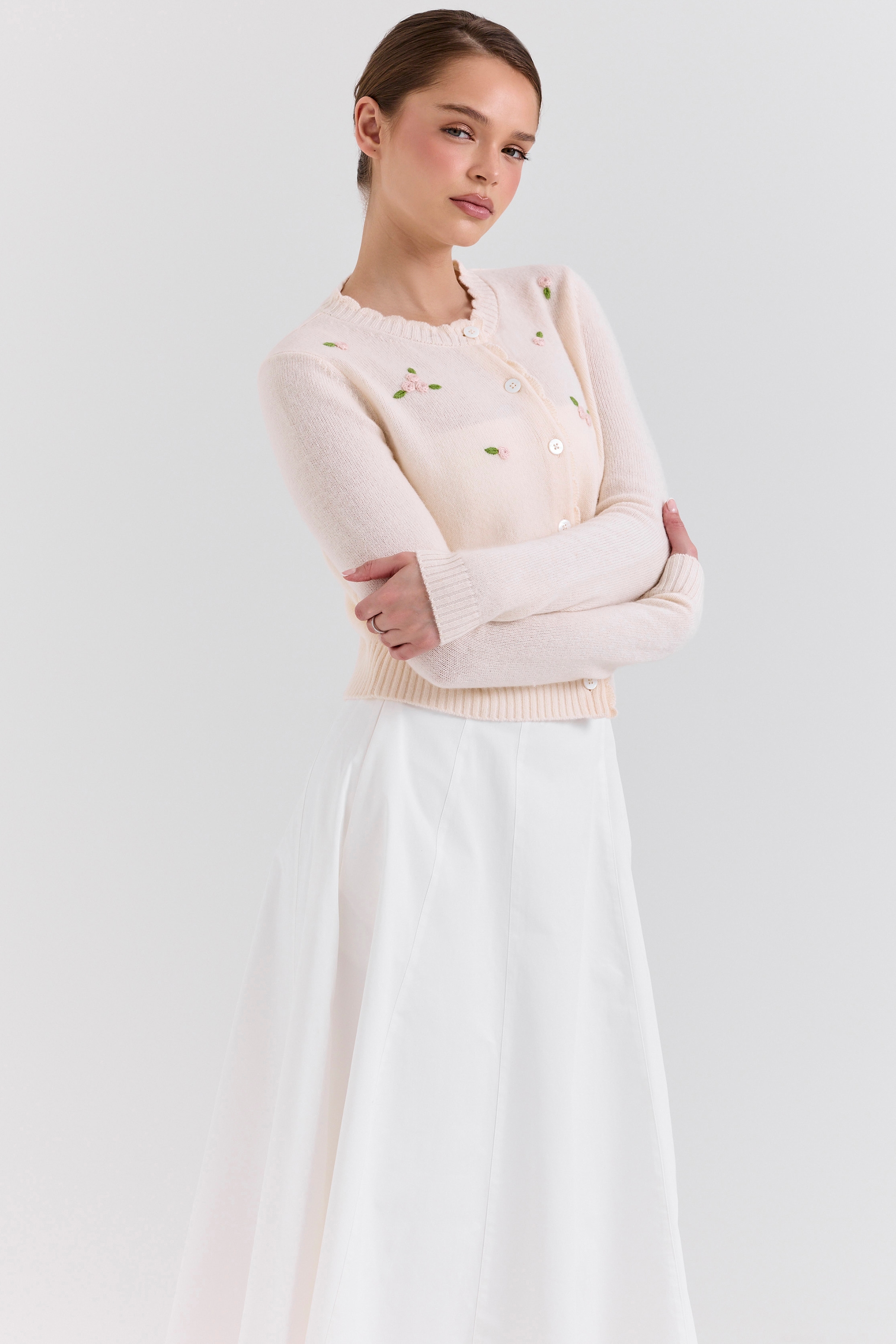 Anjou  Cream Lambswool Rose Embroidered Cardigan — image 5