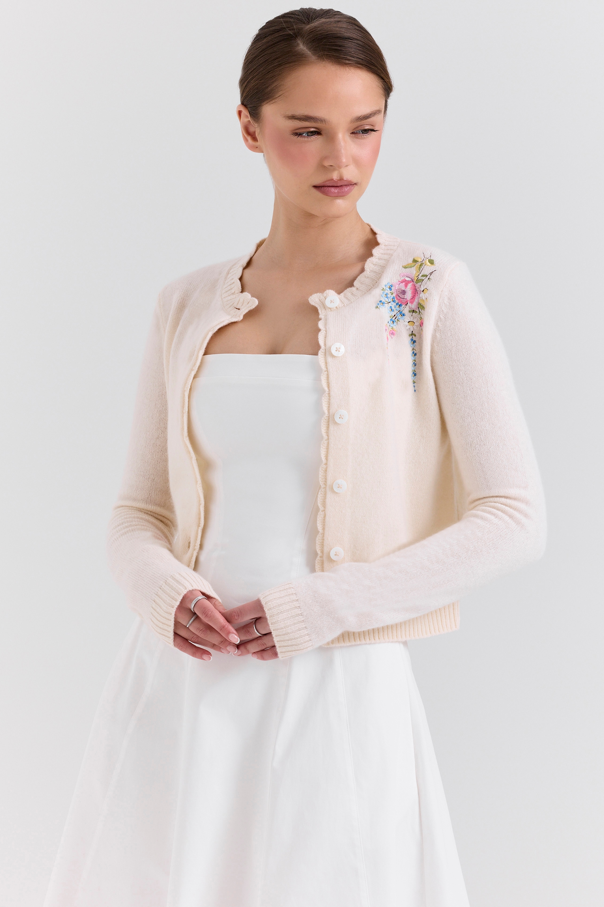Anjou  Cream Lambswool Floral Embroidered Cardigan — image 5