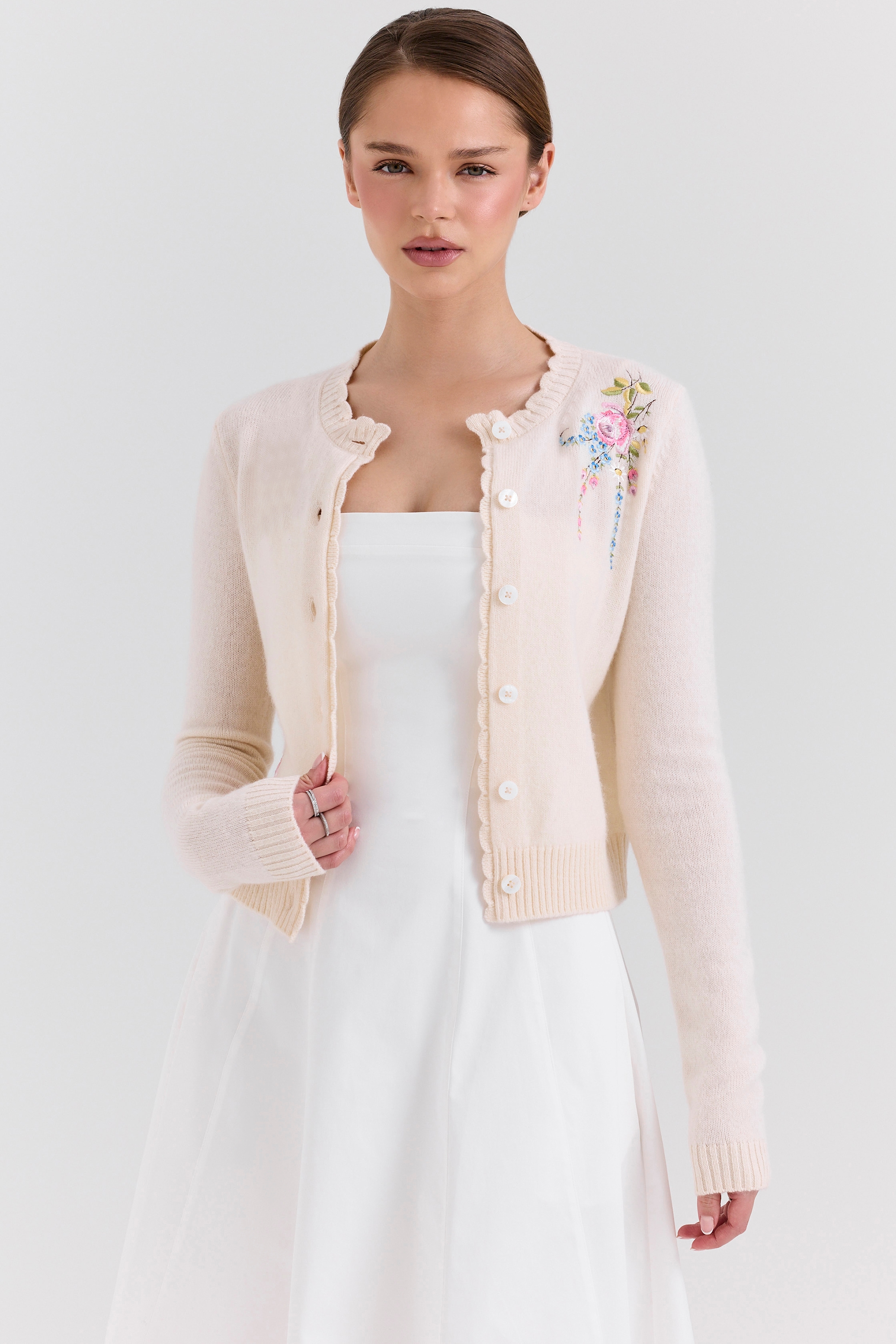 Anjou  Cream Lambswool Floral Embroidered Cardigan — image 3