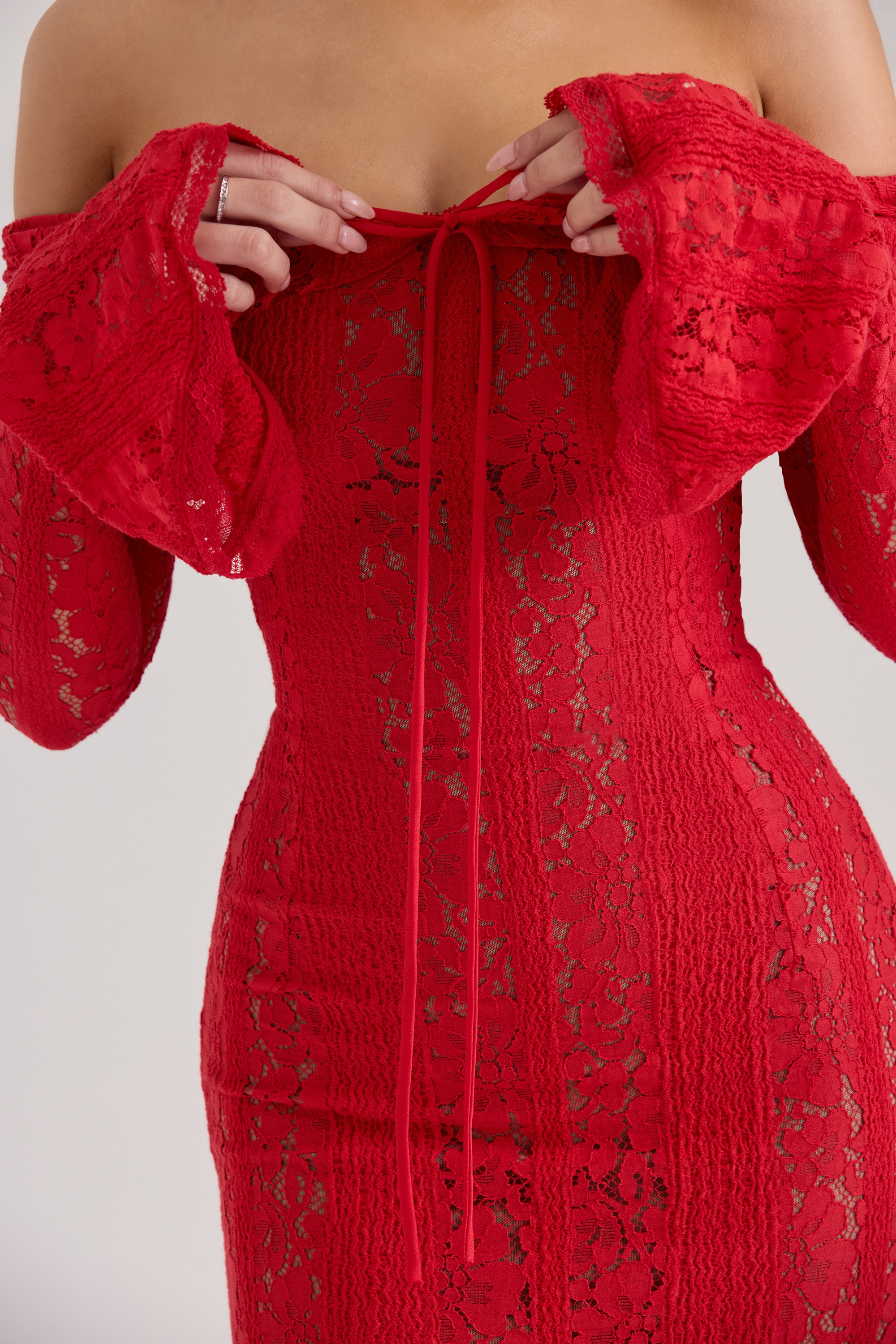 Belle  Red Off Shoulder Floral Lace Maxi Dress — image 3
