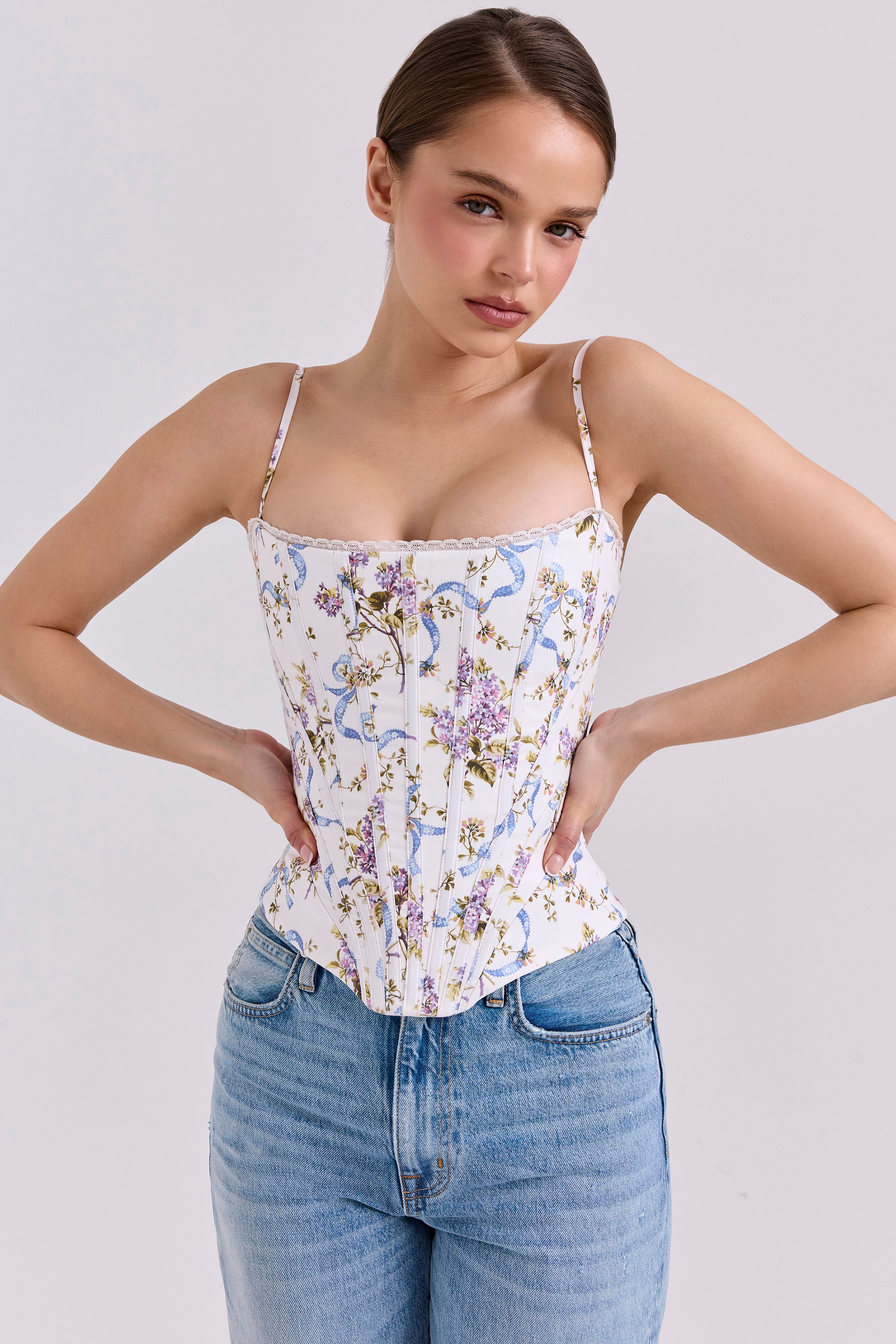 Cadie  White Floral Ribbon Print Cotton Corset Top — image 2