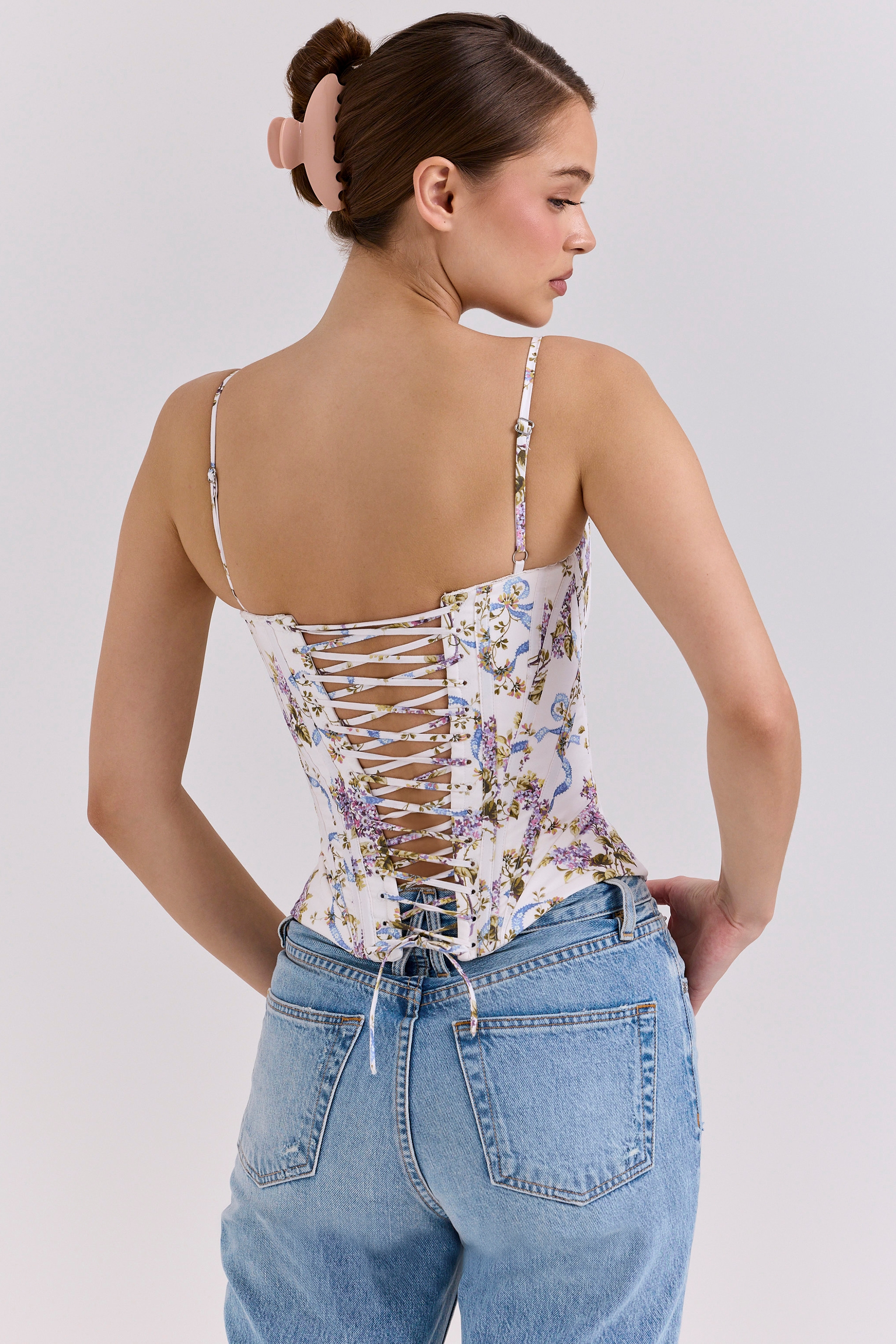 Cadie  White Floral Ribbon Print Cotton Corset Top — image 7