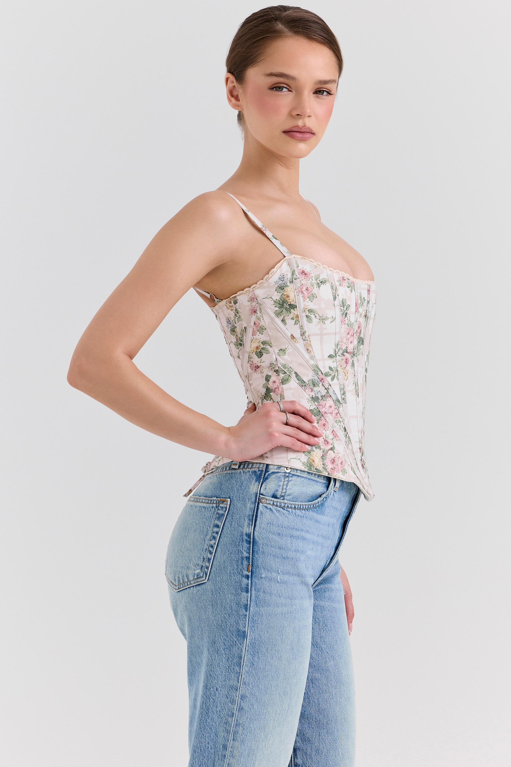 Cadie  Cream Floral Cotton Corset Top — image 3