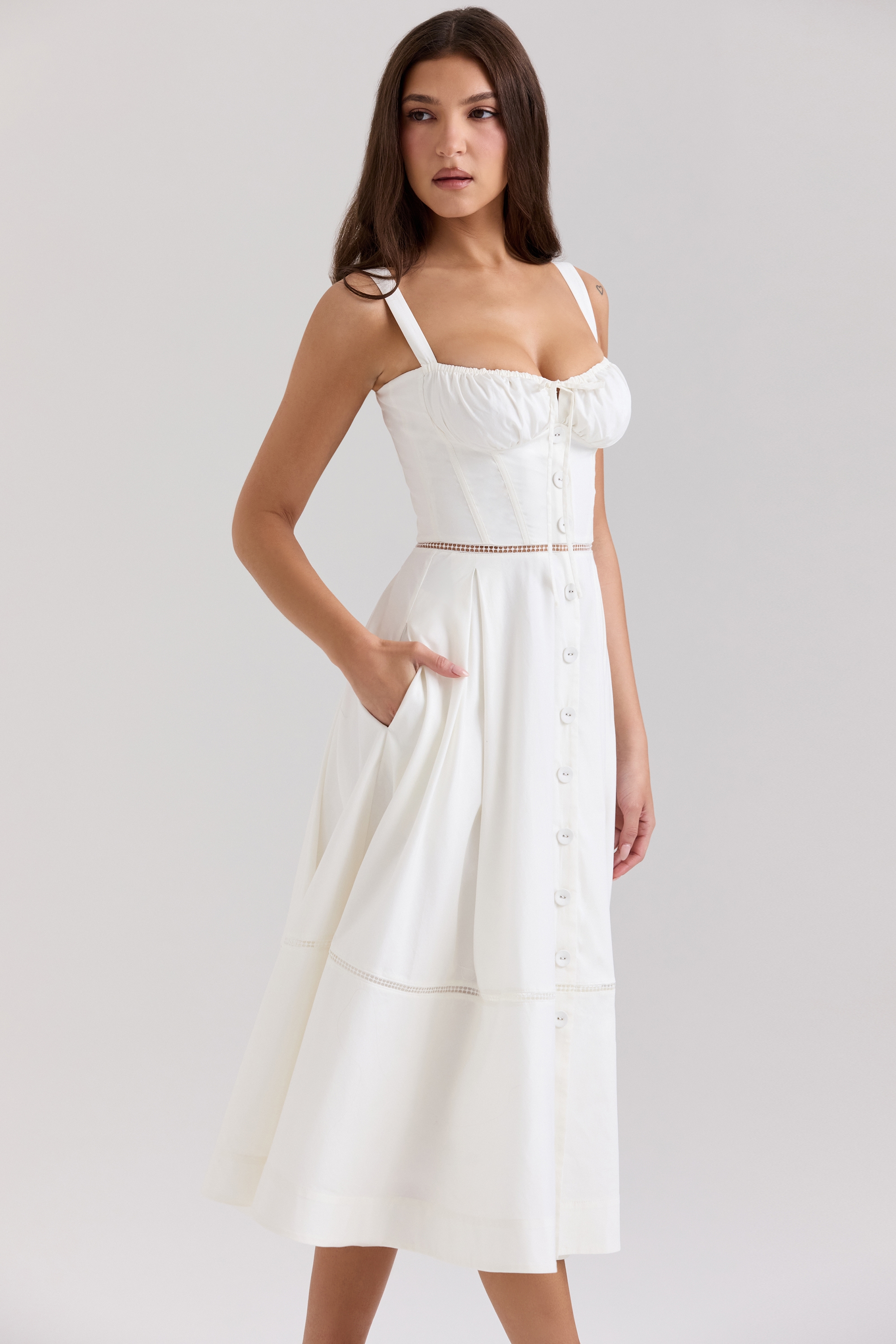 Chiarina  White Cotton Button Front Midi Dress — image 5