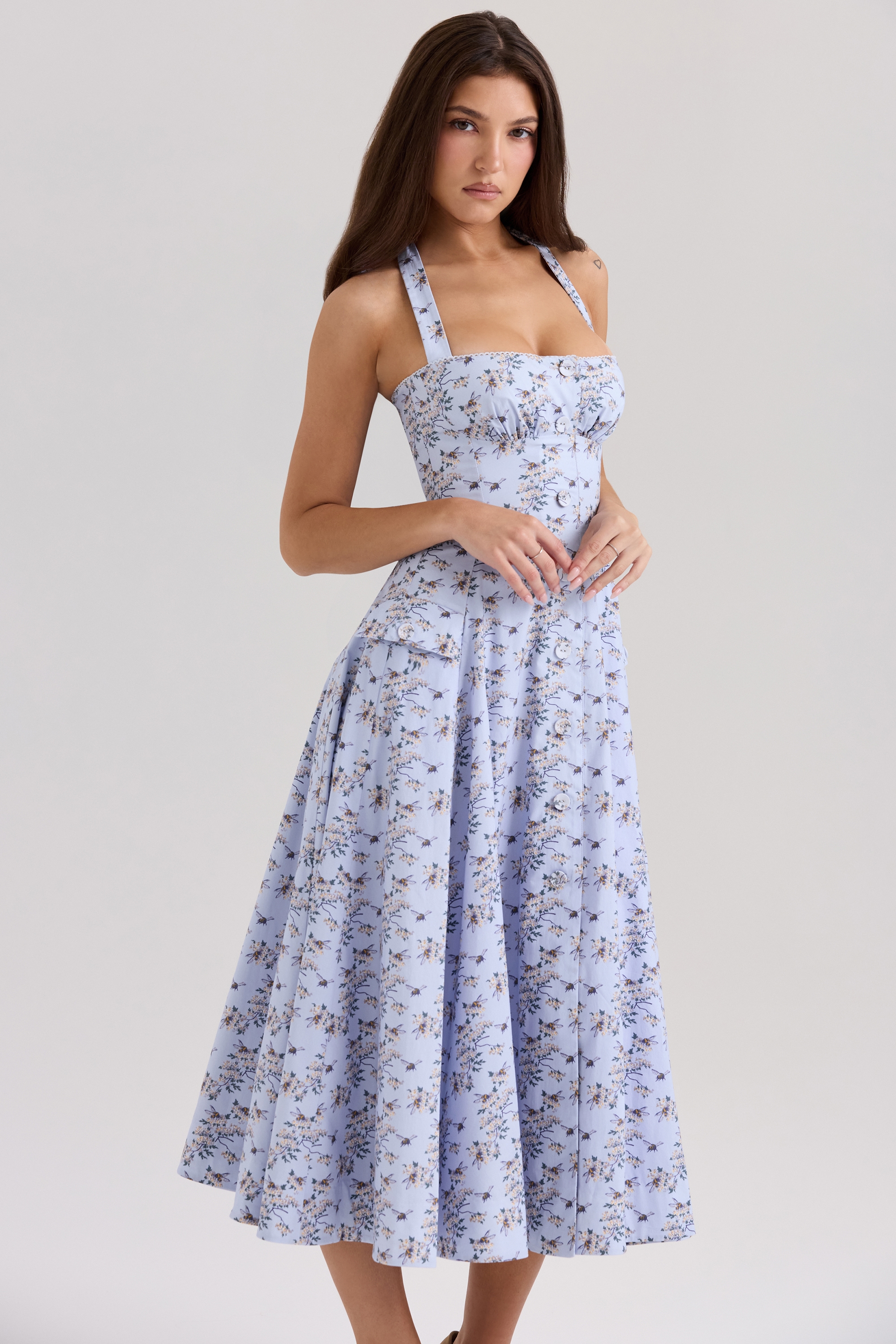 Claudia  Blue Floral Print Stretch Cotton Halter Neck Midi Dress — image 5