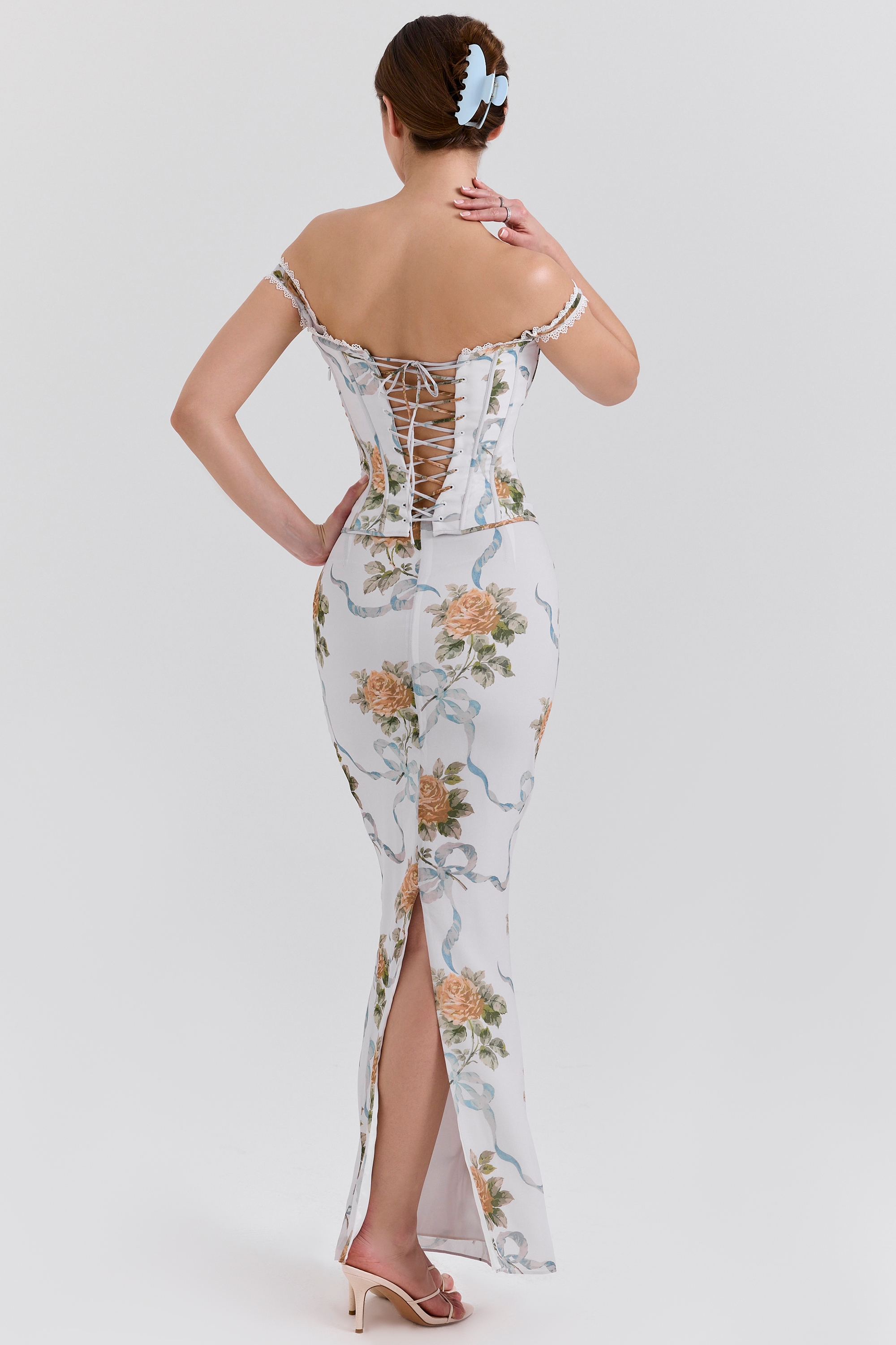 Isis  Soft Blue Vintage Print Corset Maxi Dress — image 7