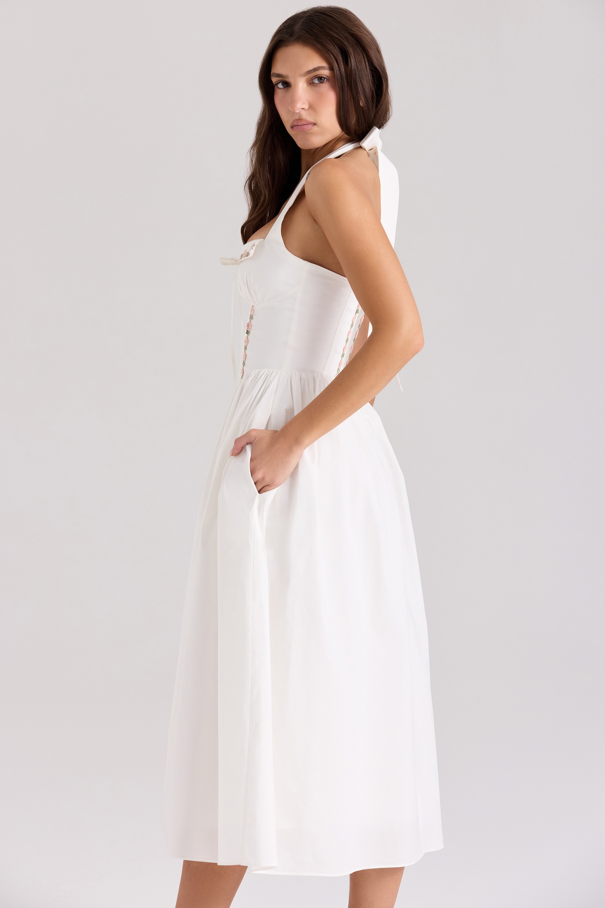 Emilia  White Cotton Halter Neck Midi Dress — image 5