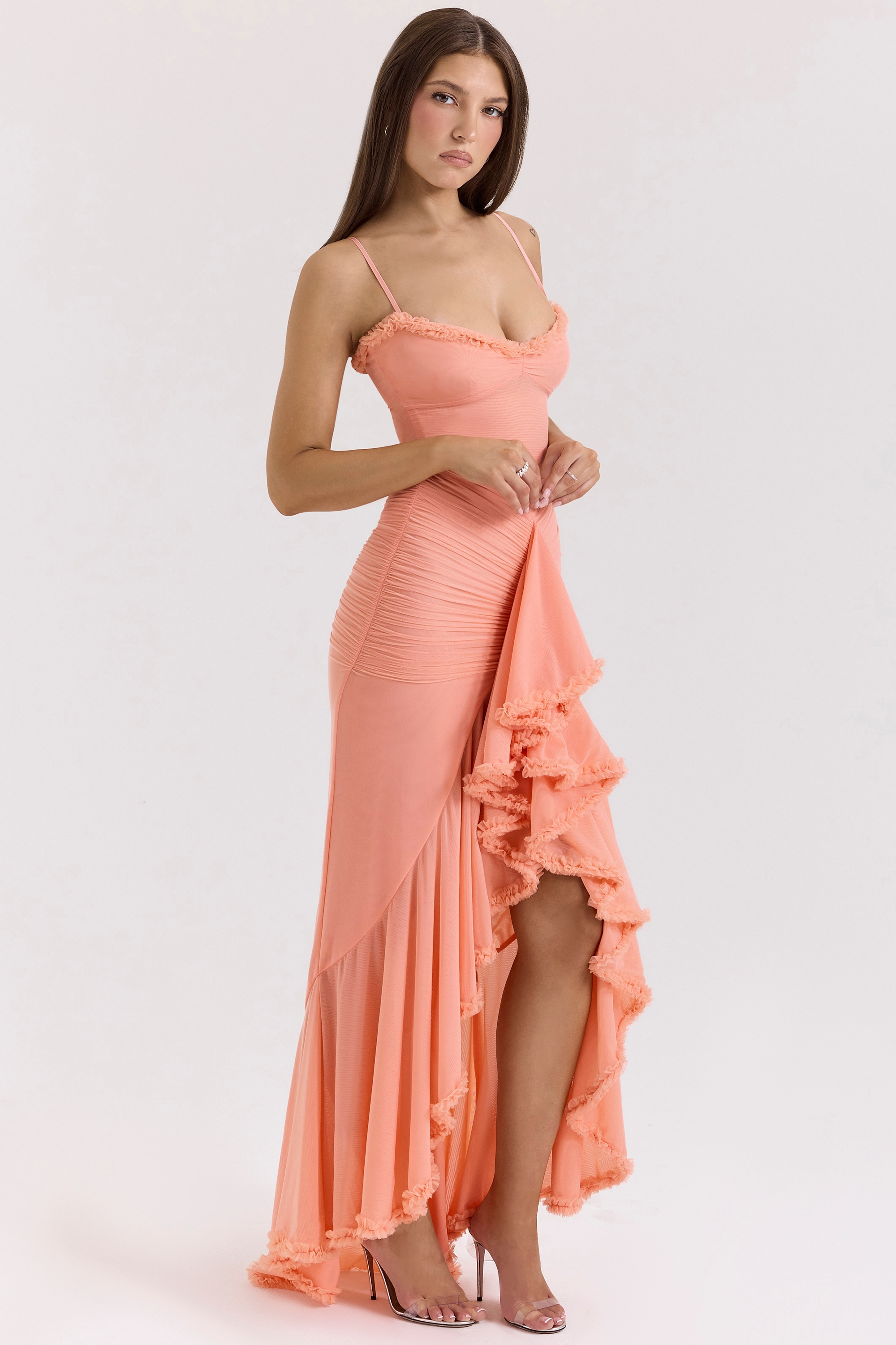 Gabbi  Peach Mesh Ruffled Front Gown — image 6