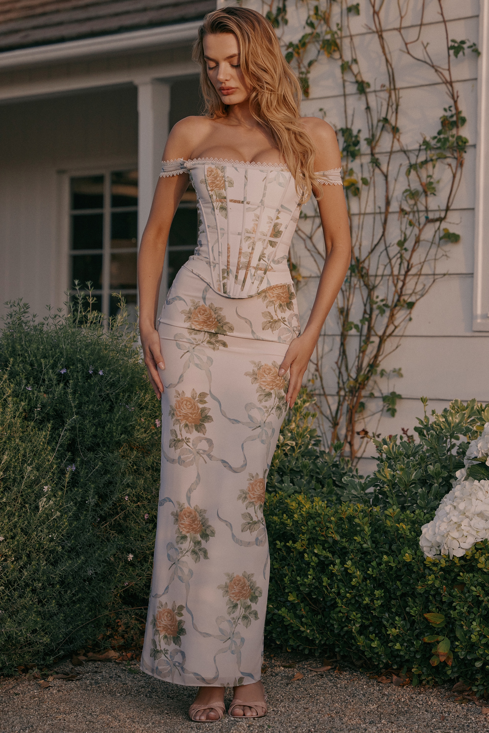 Isis  Soft Blue Vintage Print Corset Maxi Dress — image 8