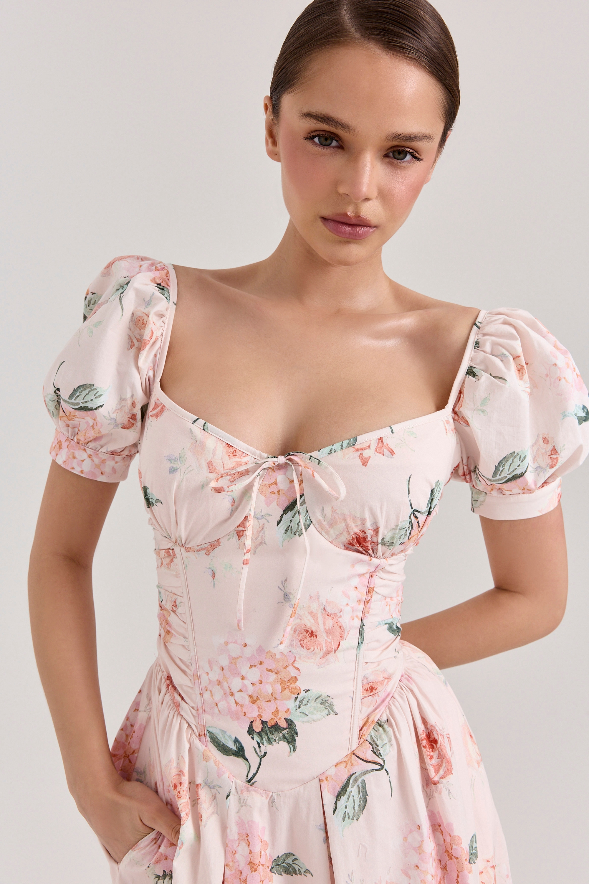 Lulabell  Peach Floral Cotton Puff Sleeve Midi Dress — image 2