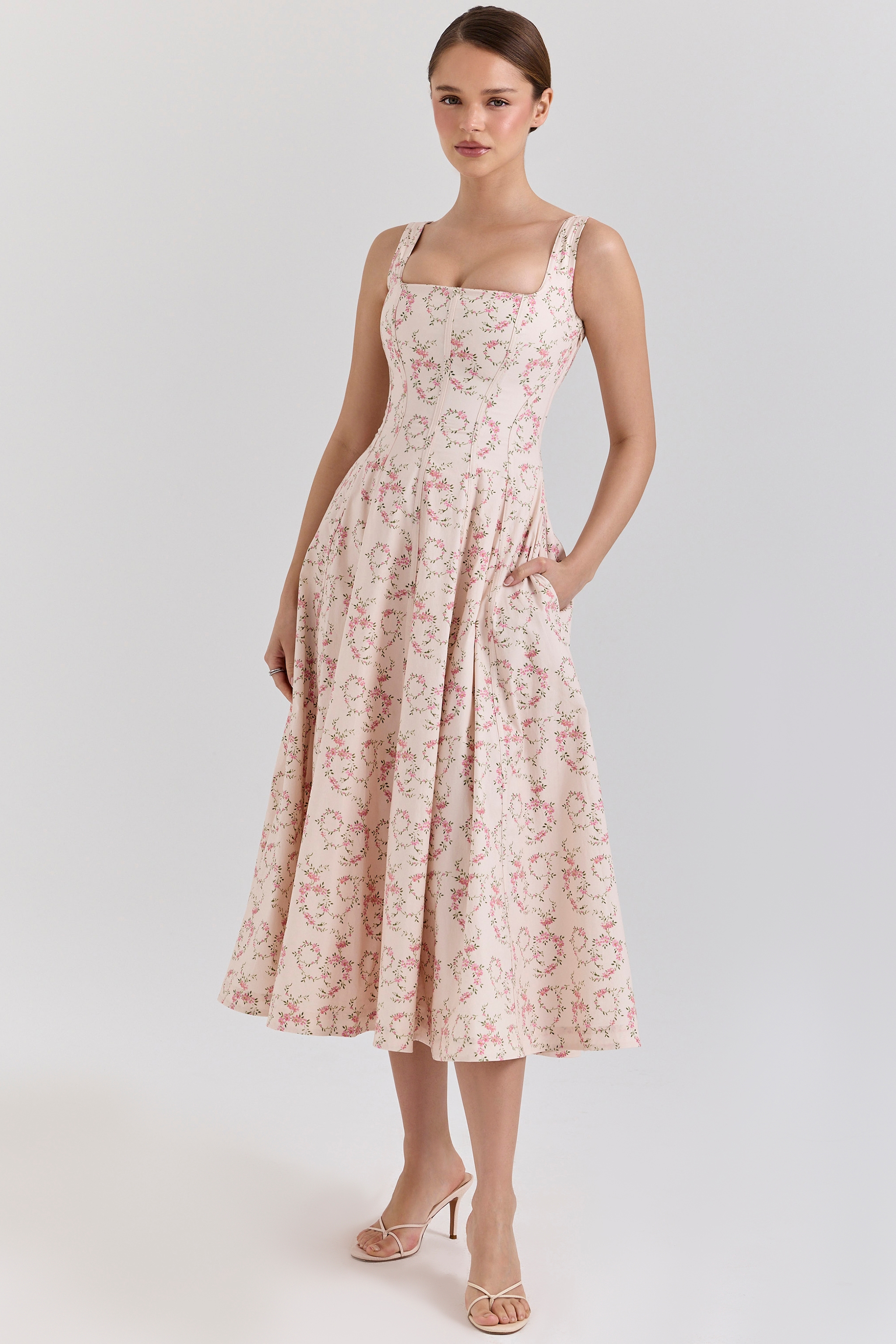 Mariabella  Cream Floral Print Cotton Midi Sun Dress — image 3