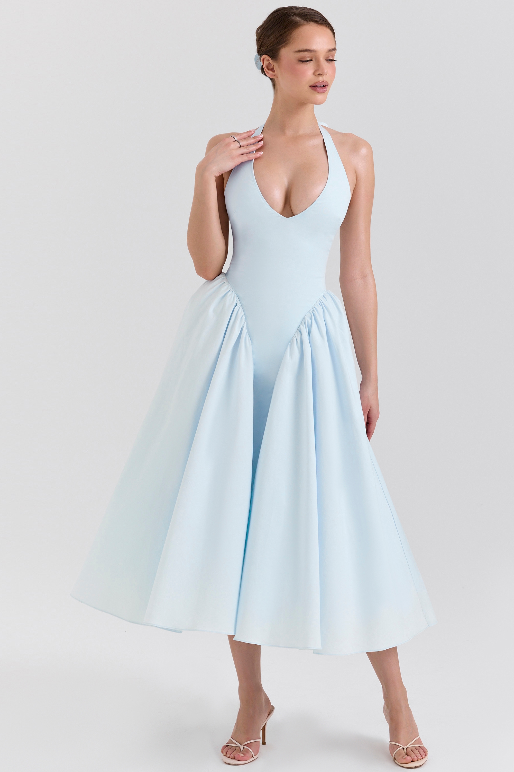 Marilyn  Soft Blue Cotton Twill Halter Midi Sundress — image 2