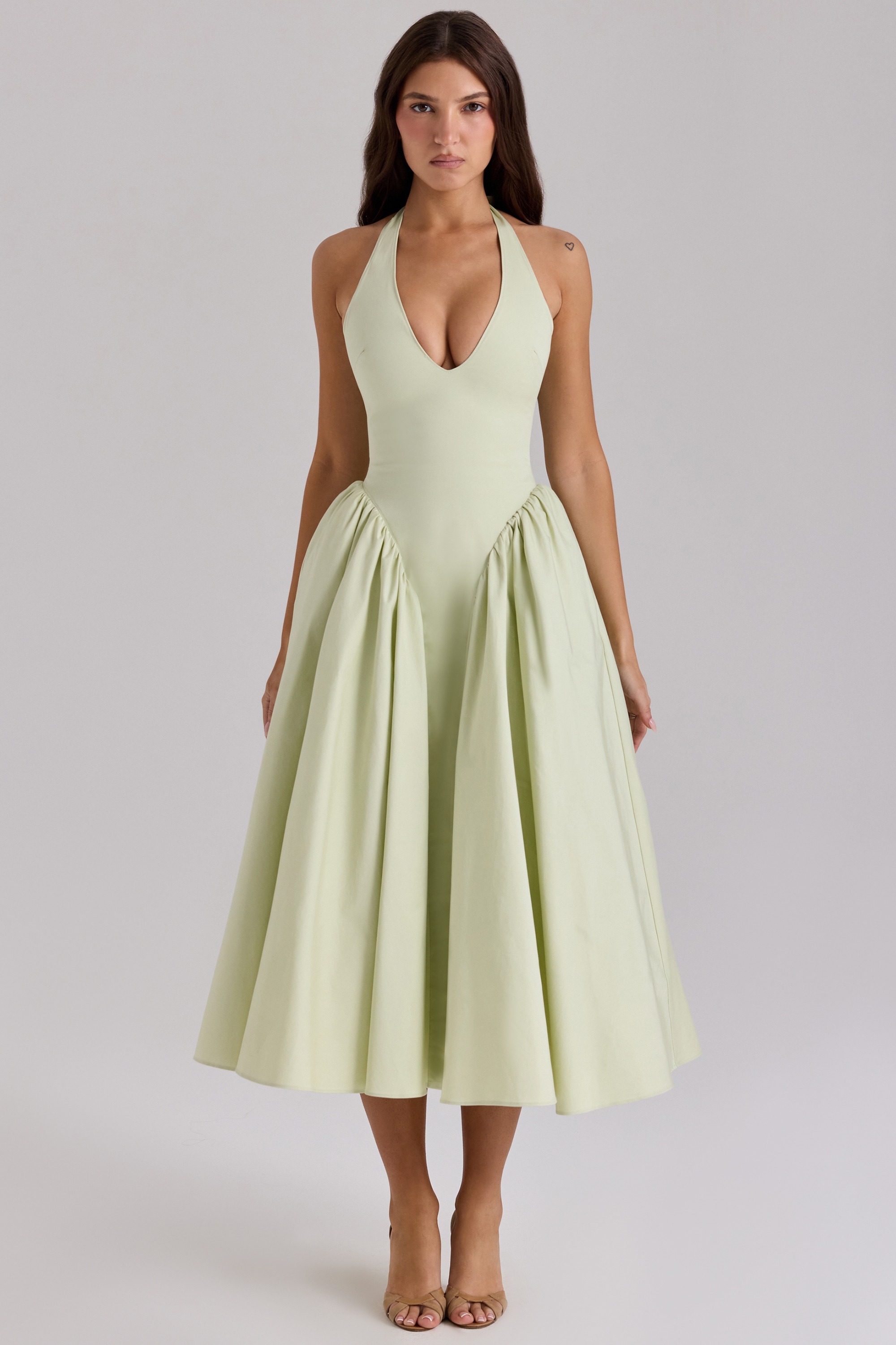 Marilyn  Pistachio Cotton Halter Midi Sundress — image 1