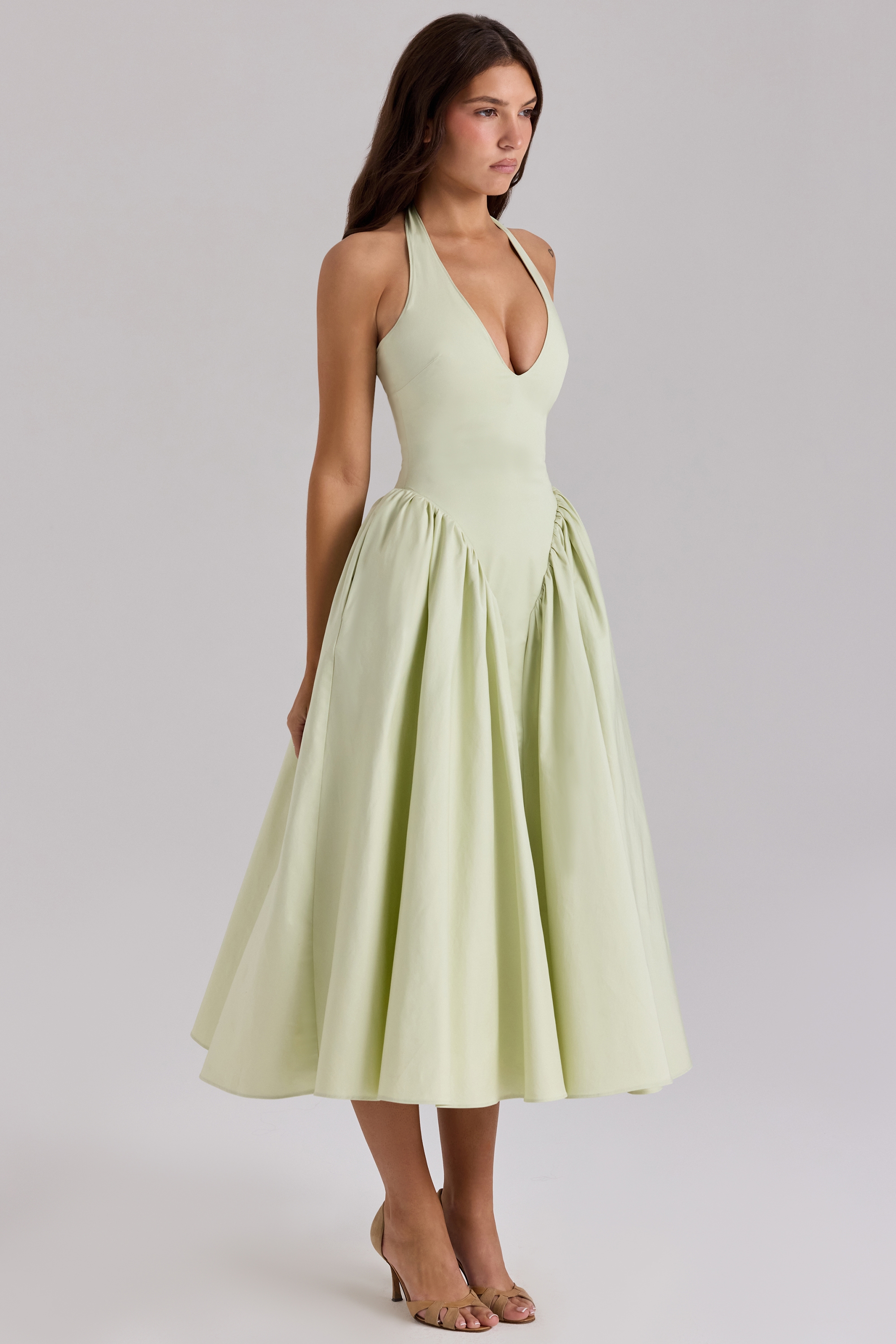 Marilyn  Pistachio Cotton Halter Midi Sundress — image 3