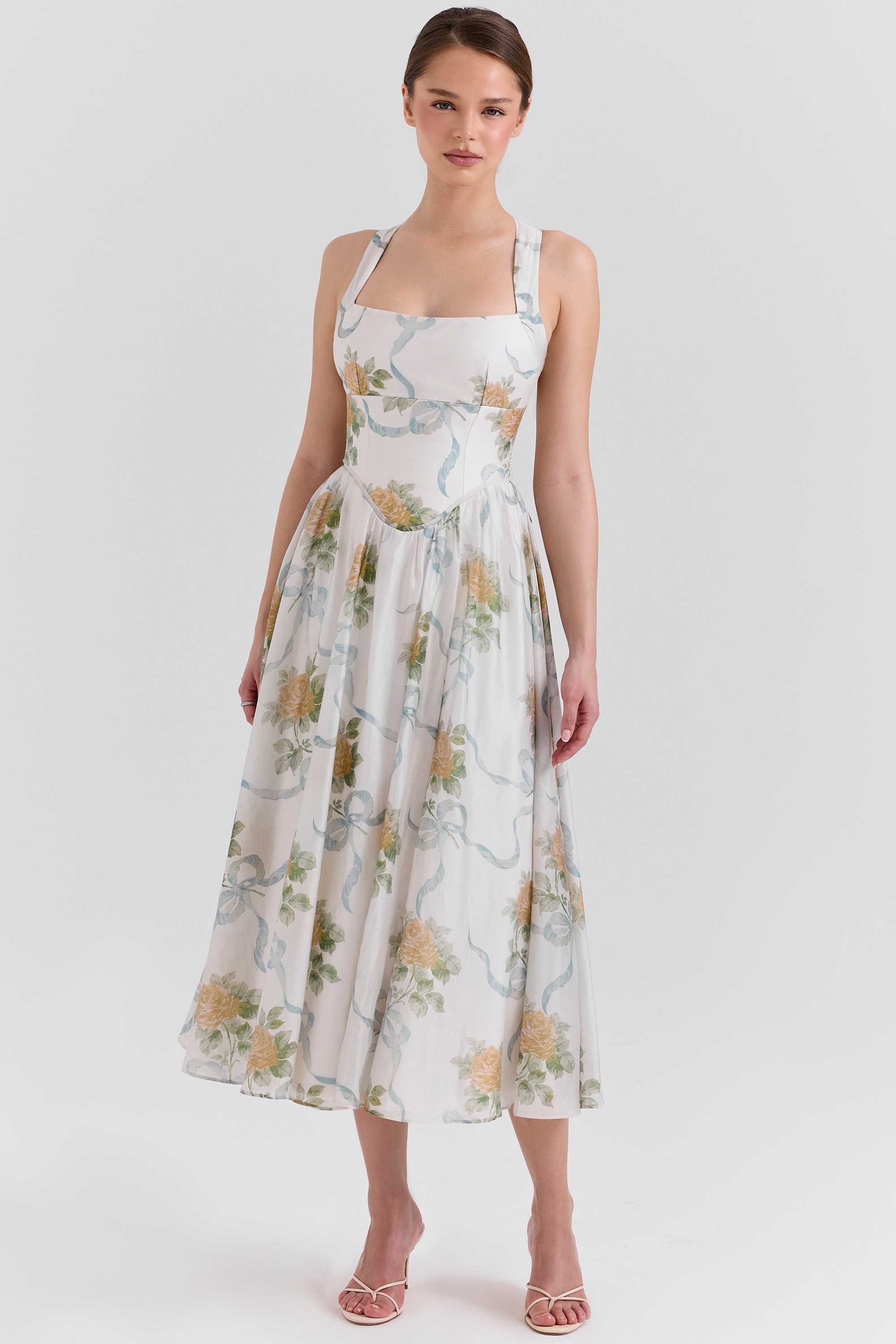 Minerva  Soft Blue Vintage Ribbon Print Chiffon Midi Dress — image 1