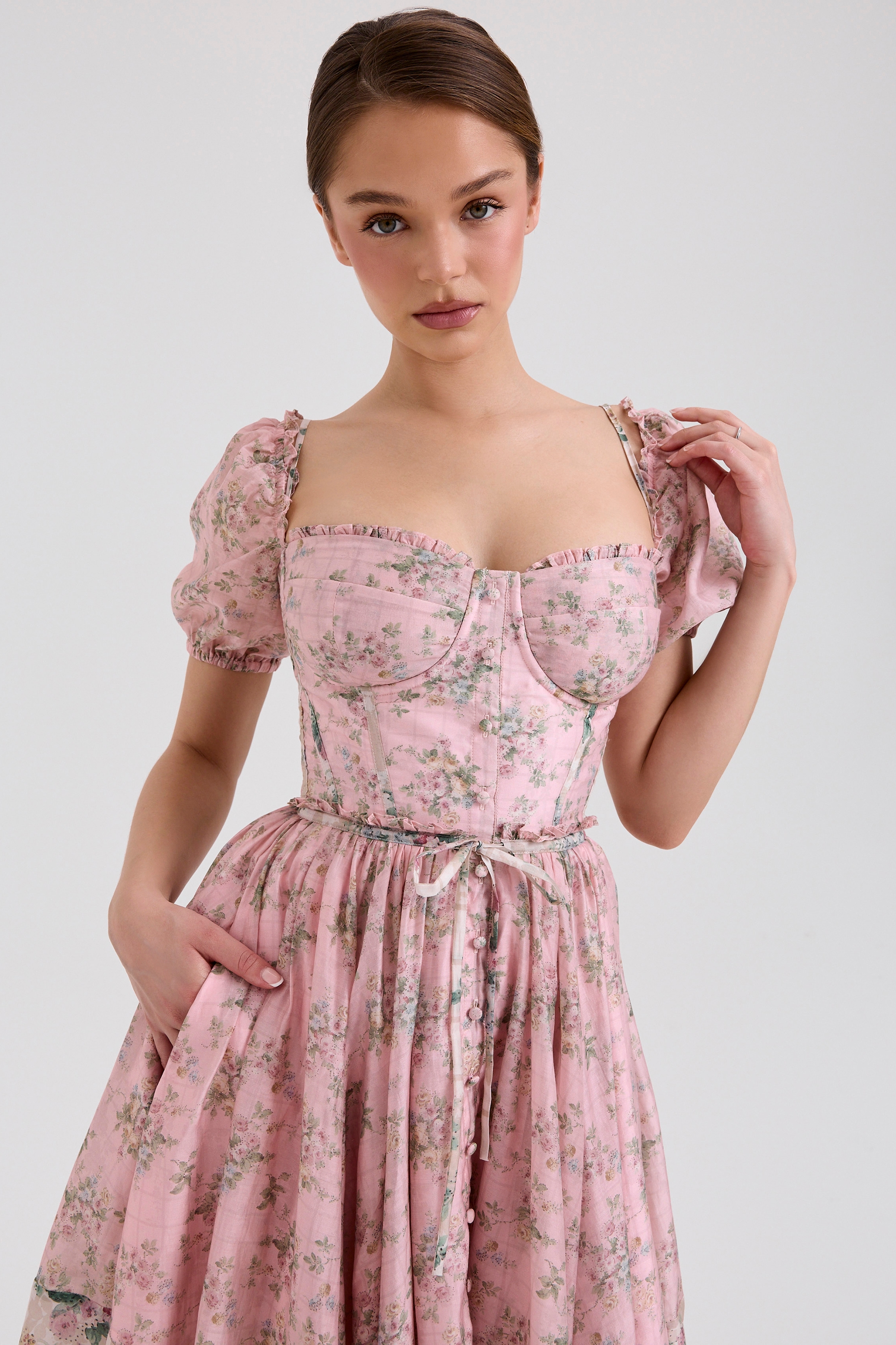 Penelope  Pink Floral Chiffon Midi Dress — image 3