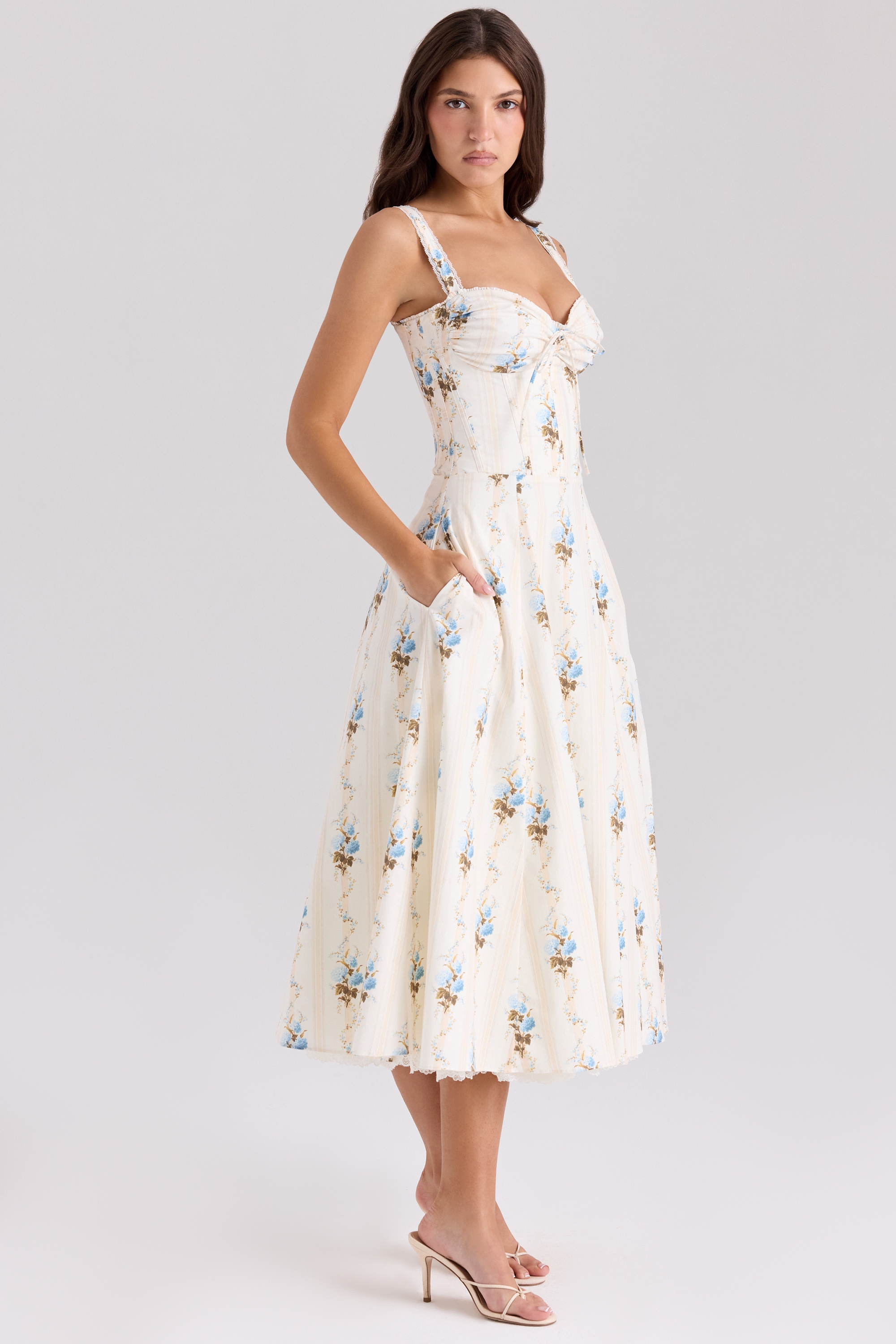 Rosalee  Cream Floral Print Cotton Corset Midi Dress — image 3