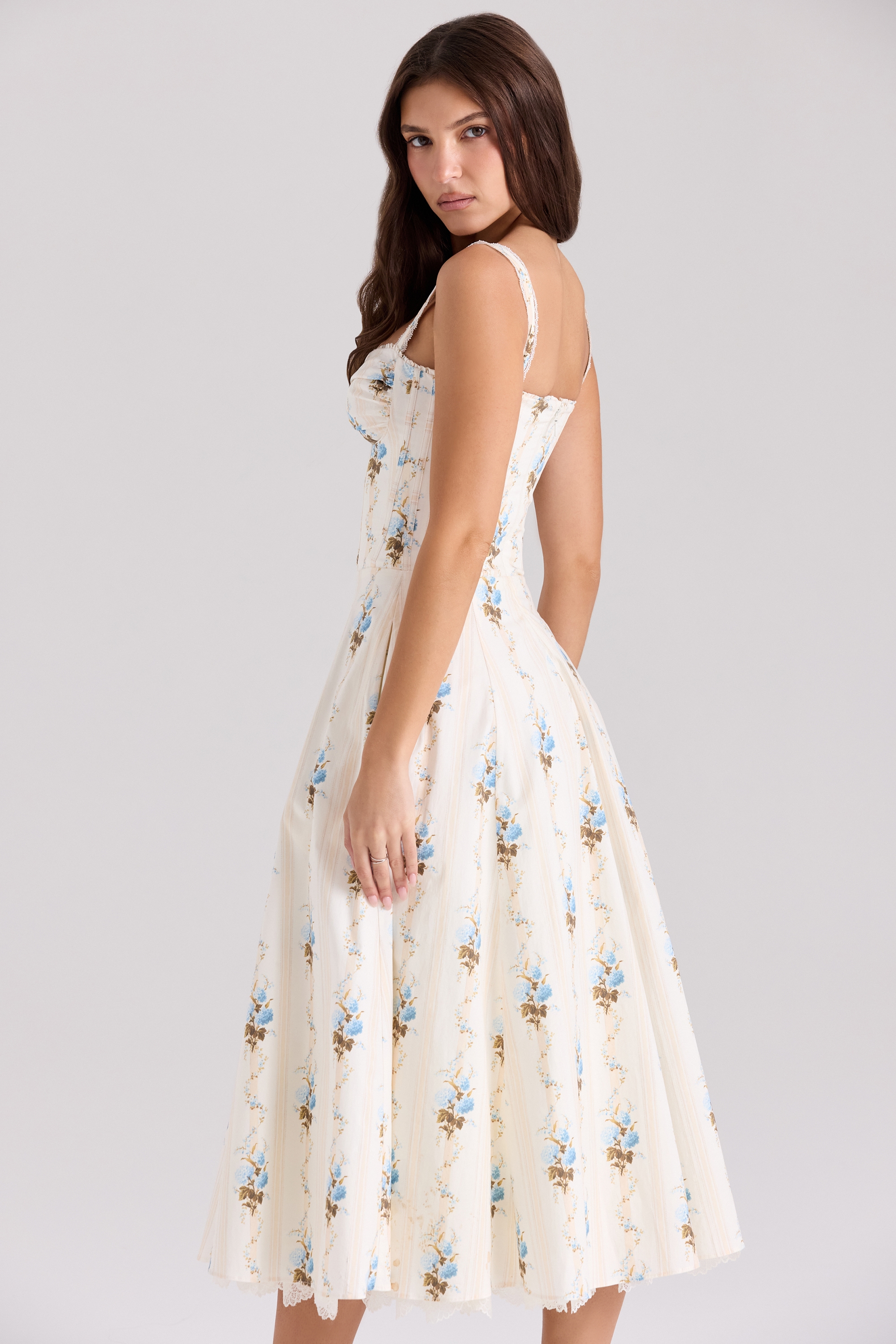 Rosalee  Cream Floral Print Cotton Corset Midi Dress — image 5