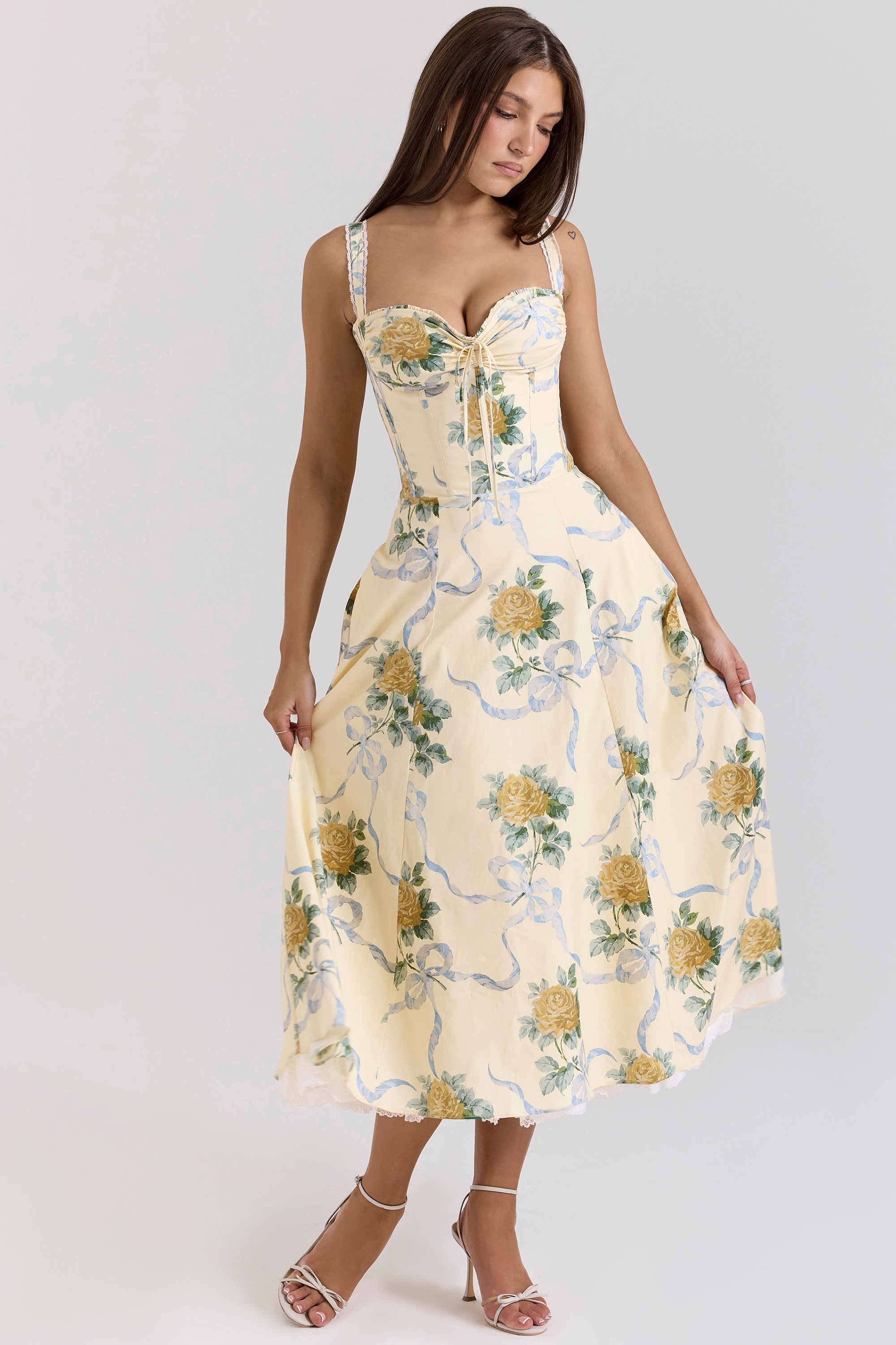 Rosalee  Lemon Vintage Ribbon Print Cotton Midi Dress — image 3