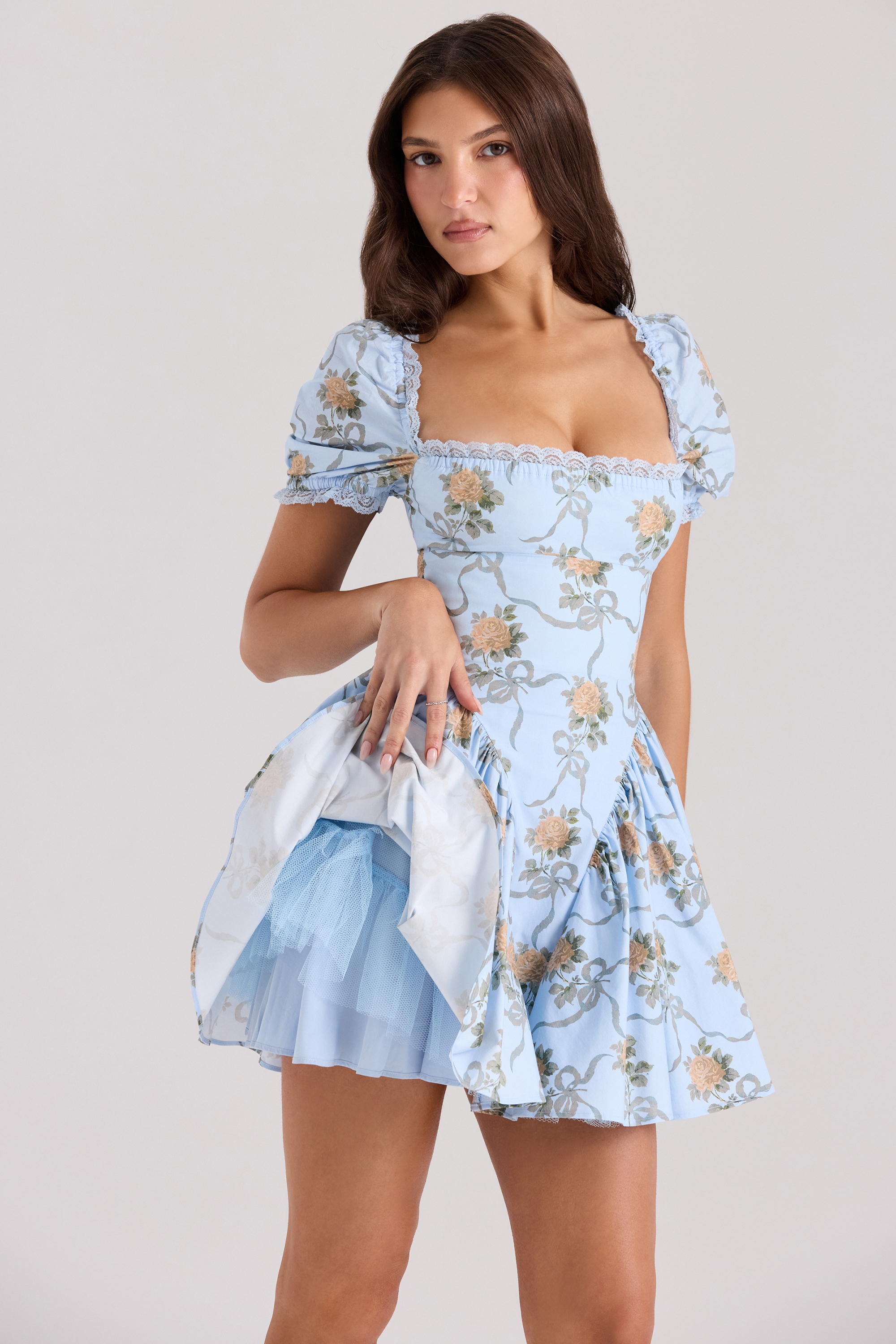Rosie  Blue Rose Print Cotton Mini Dress — image 2