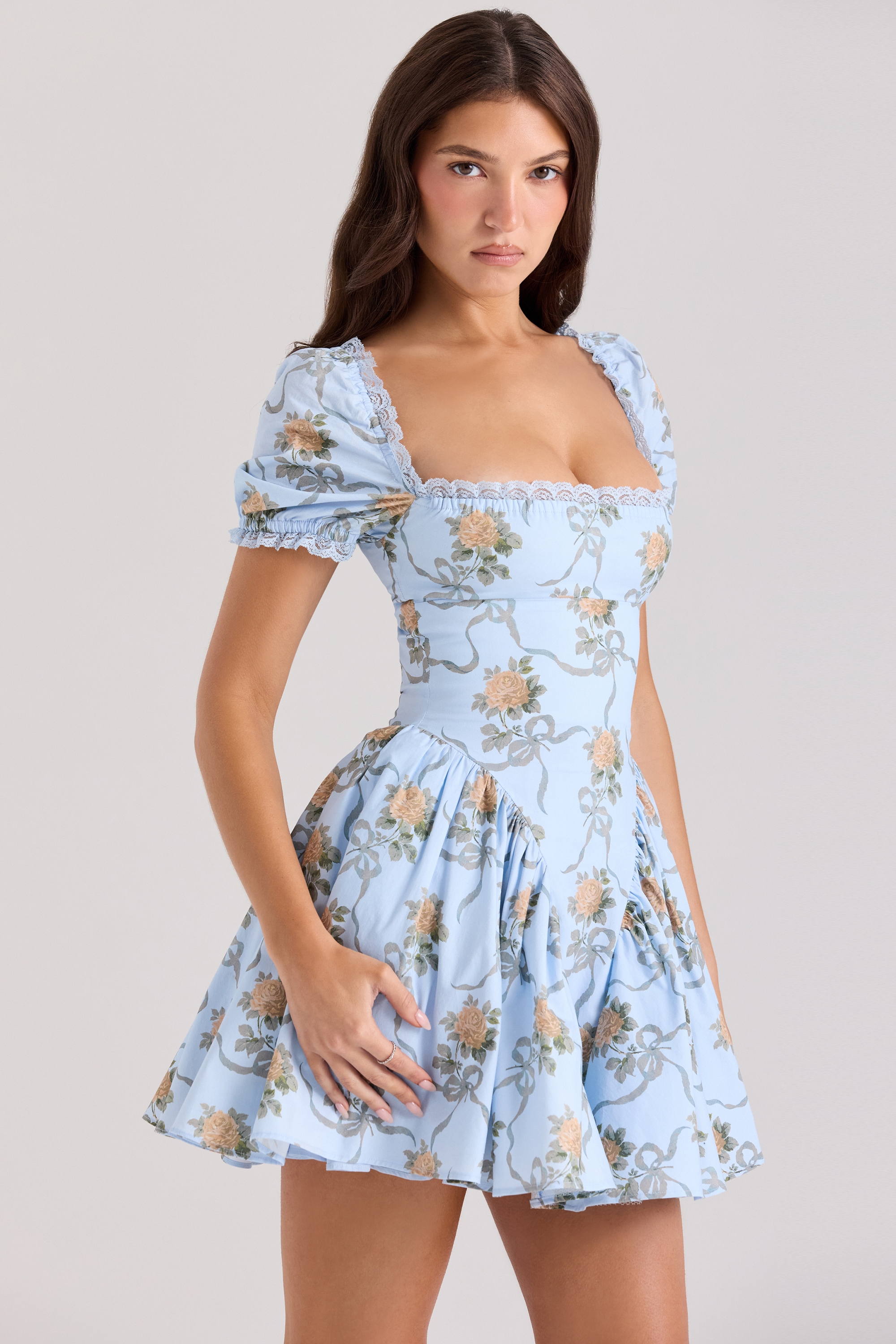Rosie  Blue Rose Print Cotton Mini Dress — image 3