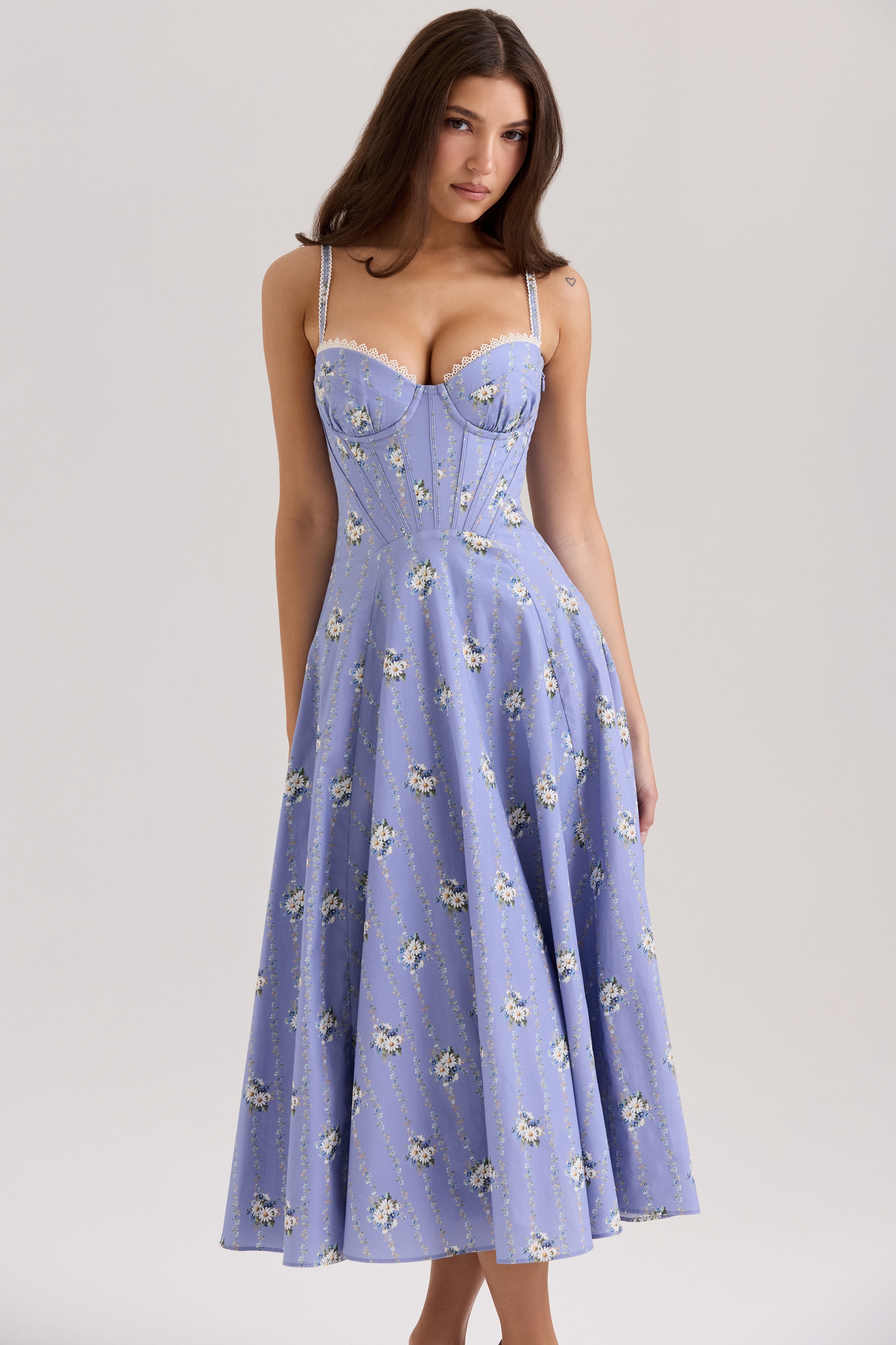 Steffani  Blue Daisy Print Stretch Cotton Midi Sundress — image 1