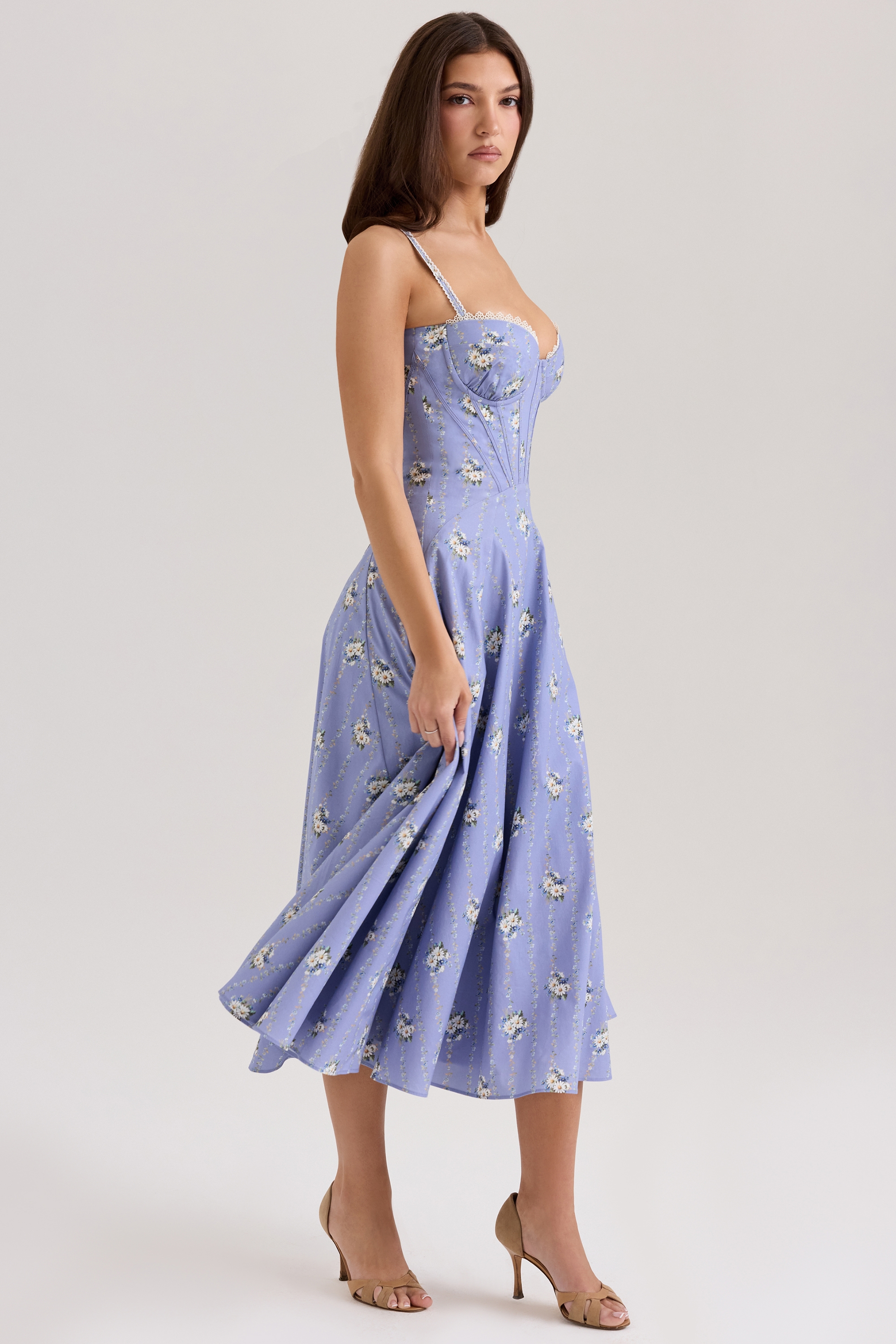 Steffani  Blue Daisy Print Stretch Cotton Midi Sundress — image 5