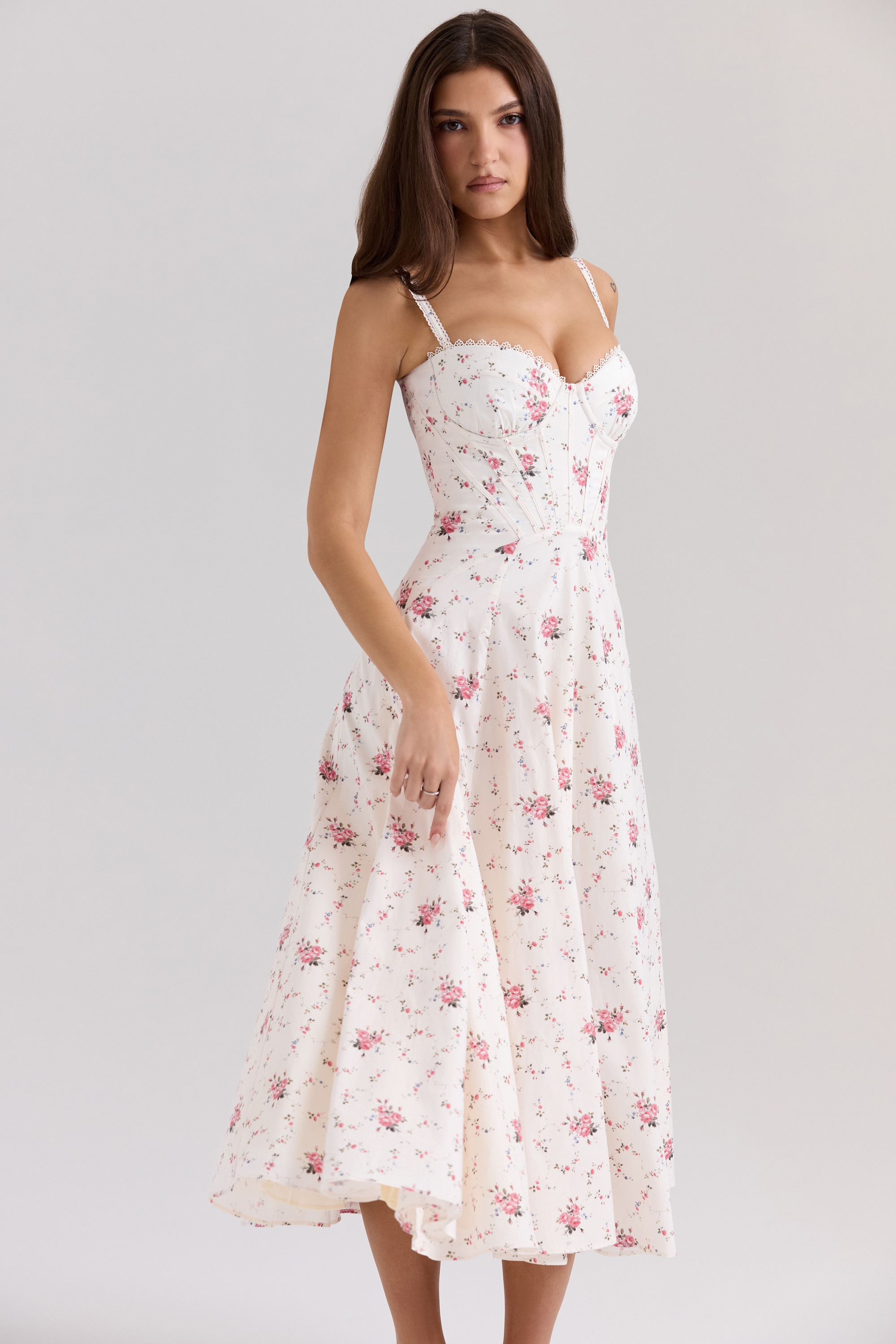 Steffani  White Stretch Cotton Rose Print Midi Sundress — image 3