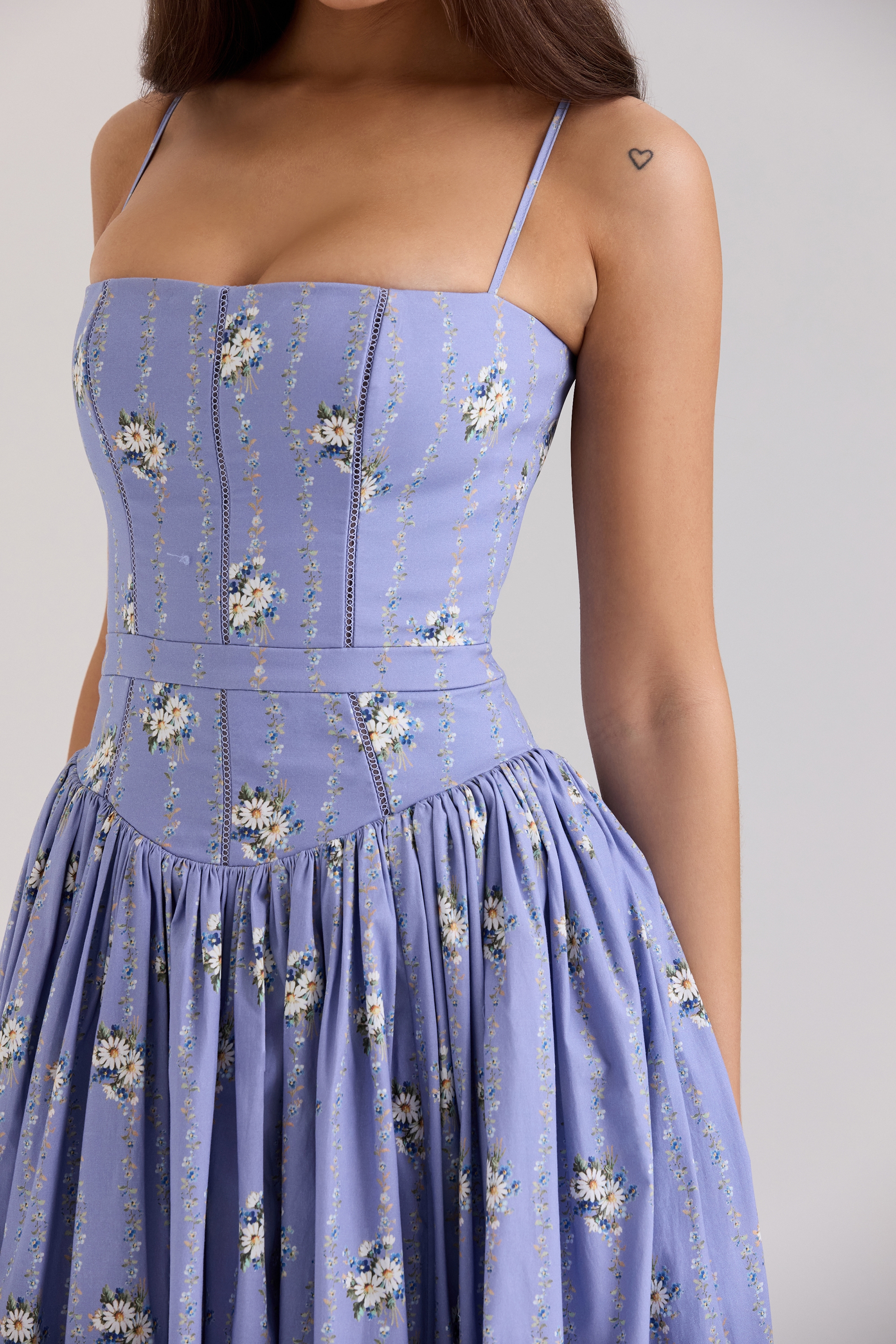 Ysabella  Blue Daisy Print Stretch Cotton Midi Sundress — image 3