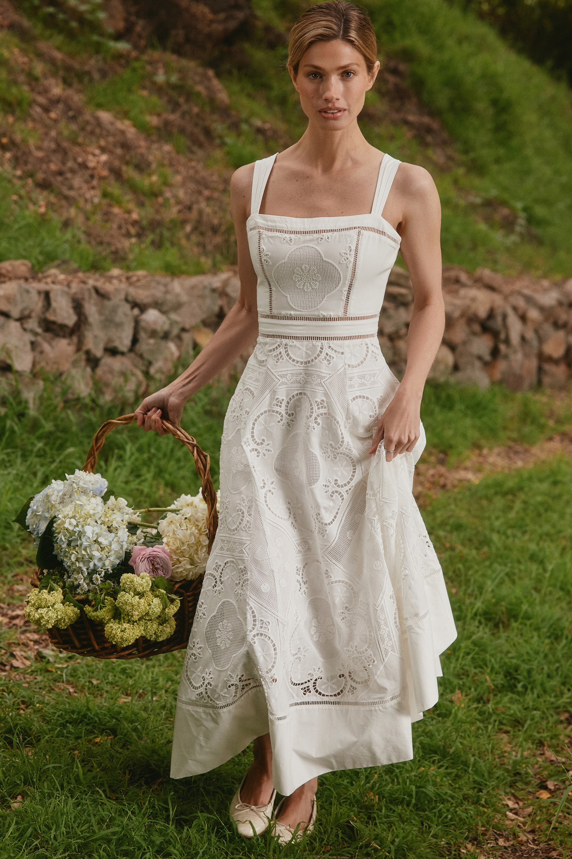 Ava  White Stretch Cotton Broderie Anglaise Midi Dress — image 2