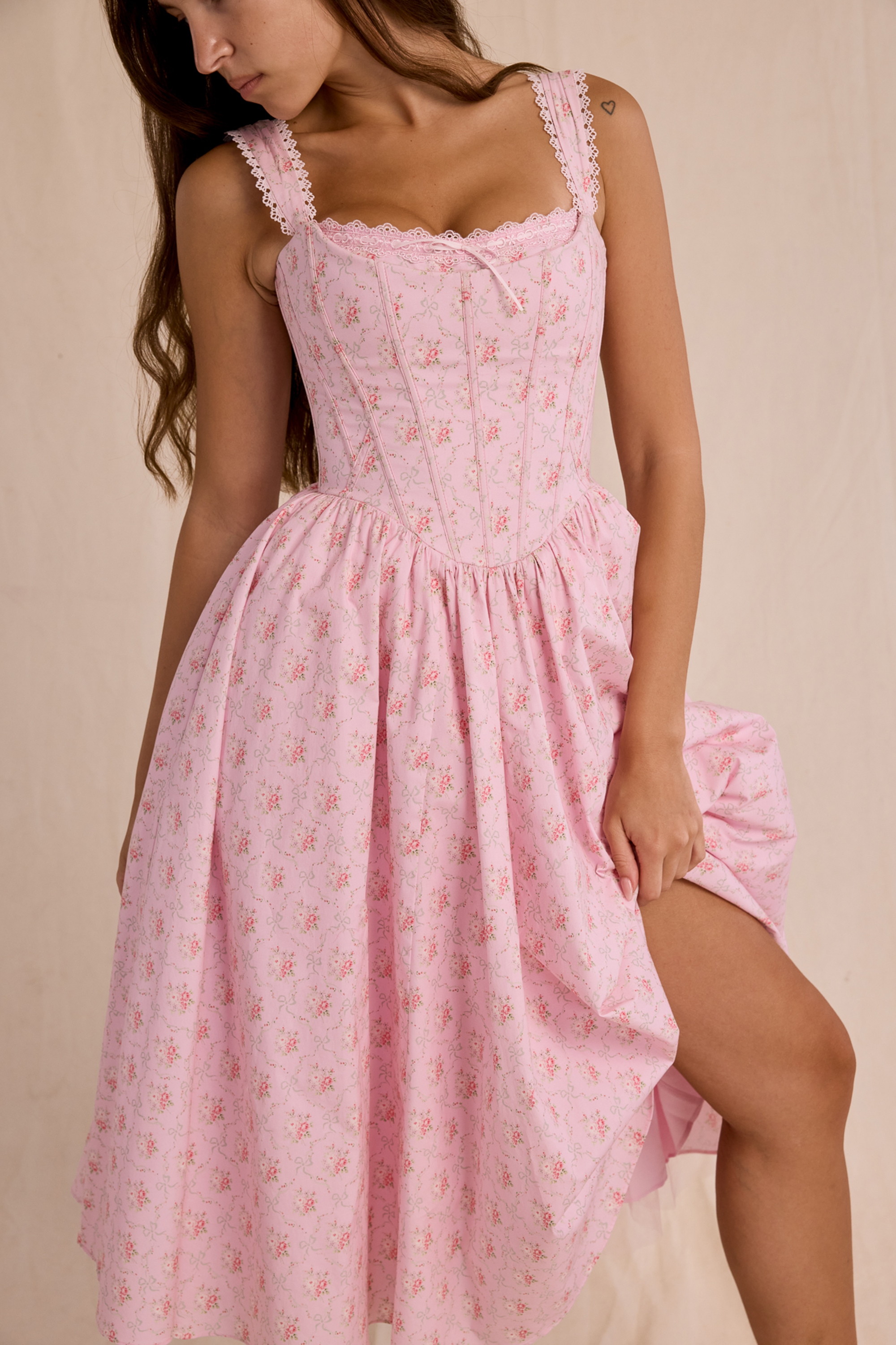 Amara  Pink Rose Print Stretch Cotton Corset Midi Dress — image 7