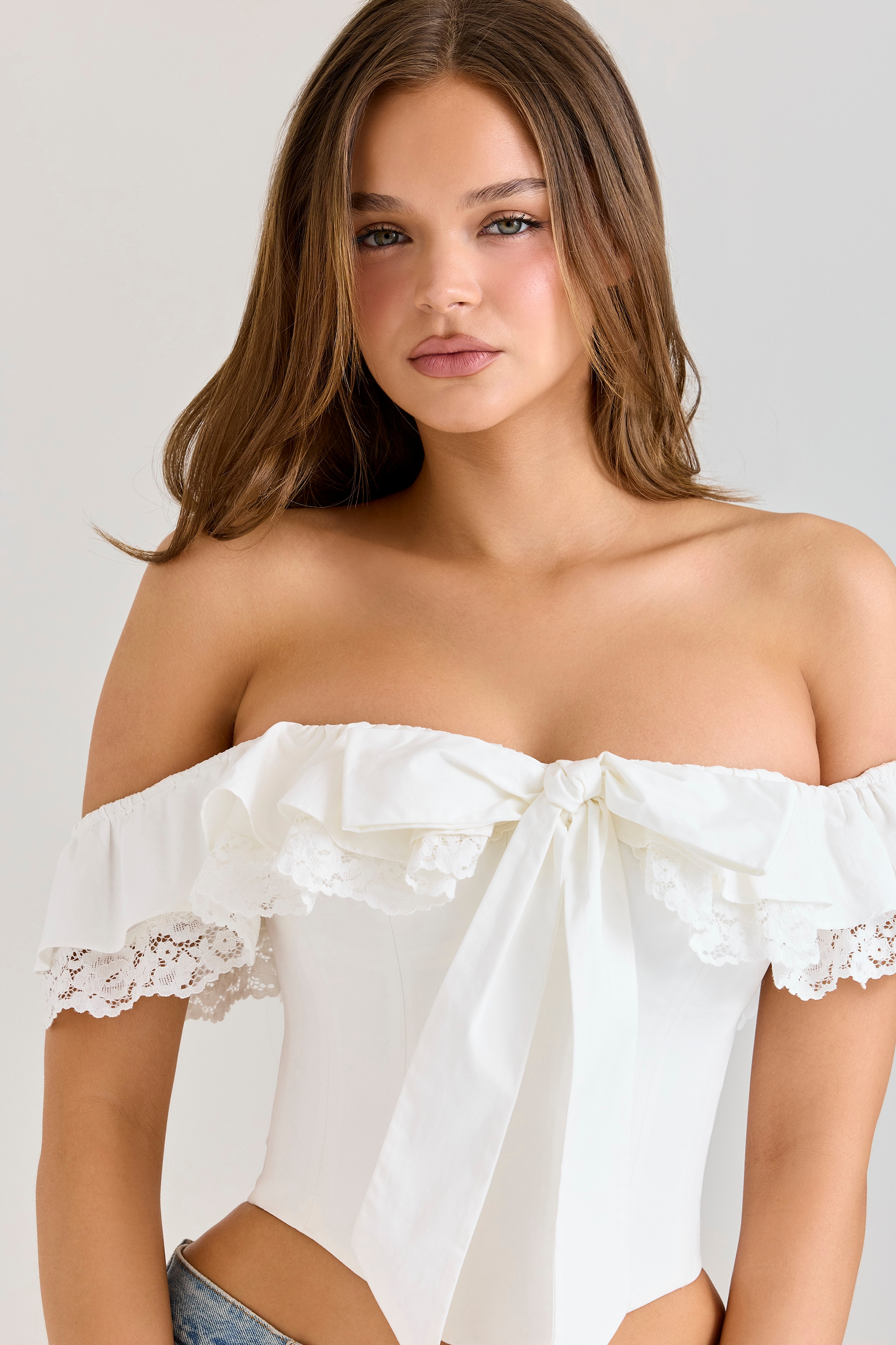 Aria  White Stretch Cotton Off-The-Shoulder Frill Corset — image 6