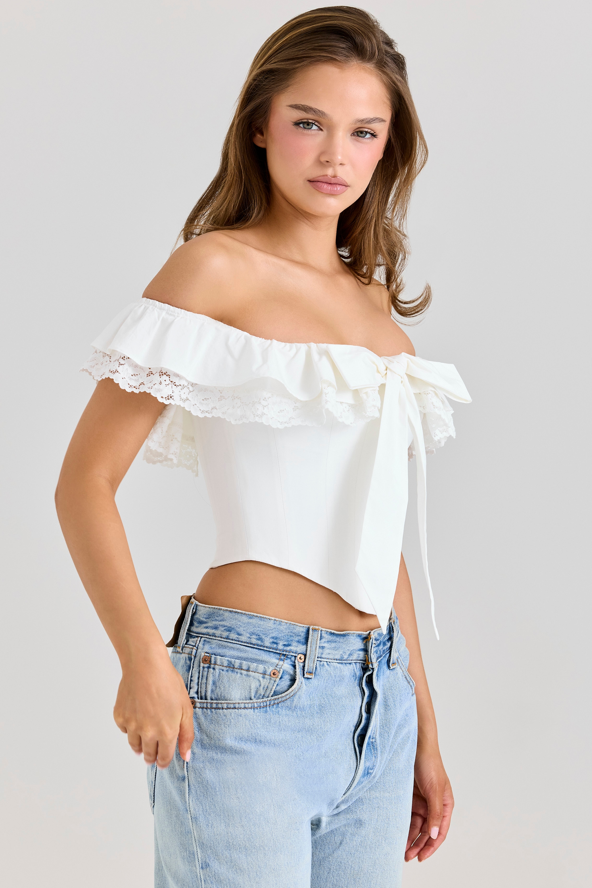 Aria  White Stretch Cotton Off-The-Shoulder Frill Corset — image 2