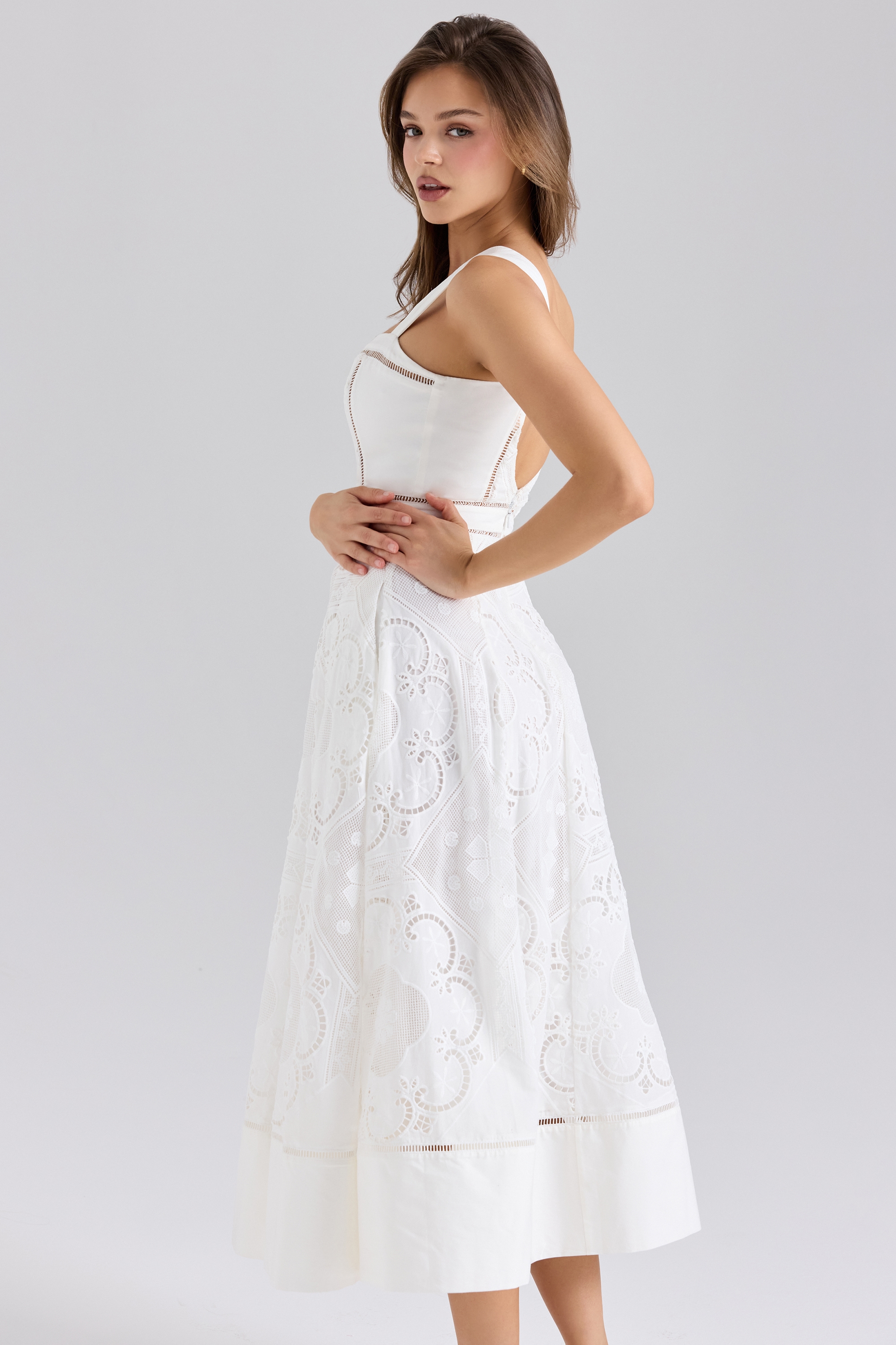 Ava  White Stretch Cotton Broderie Anglaise Midi Dress — image 6