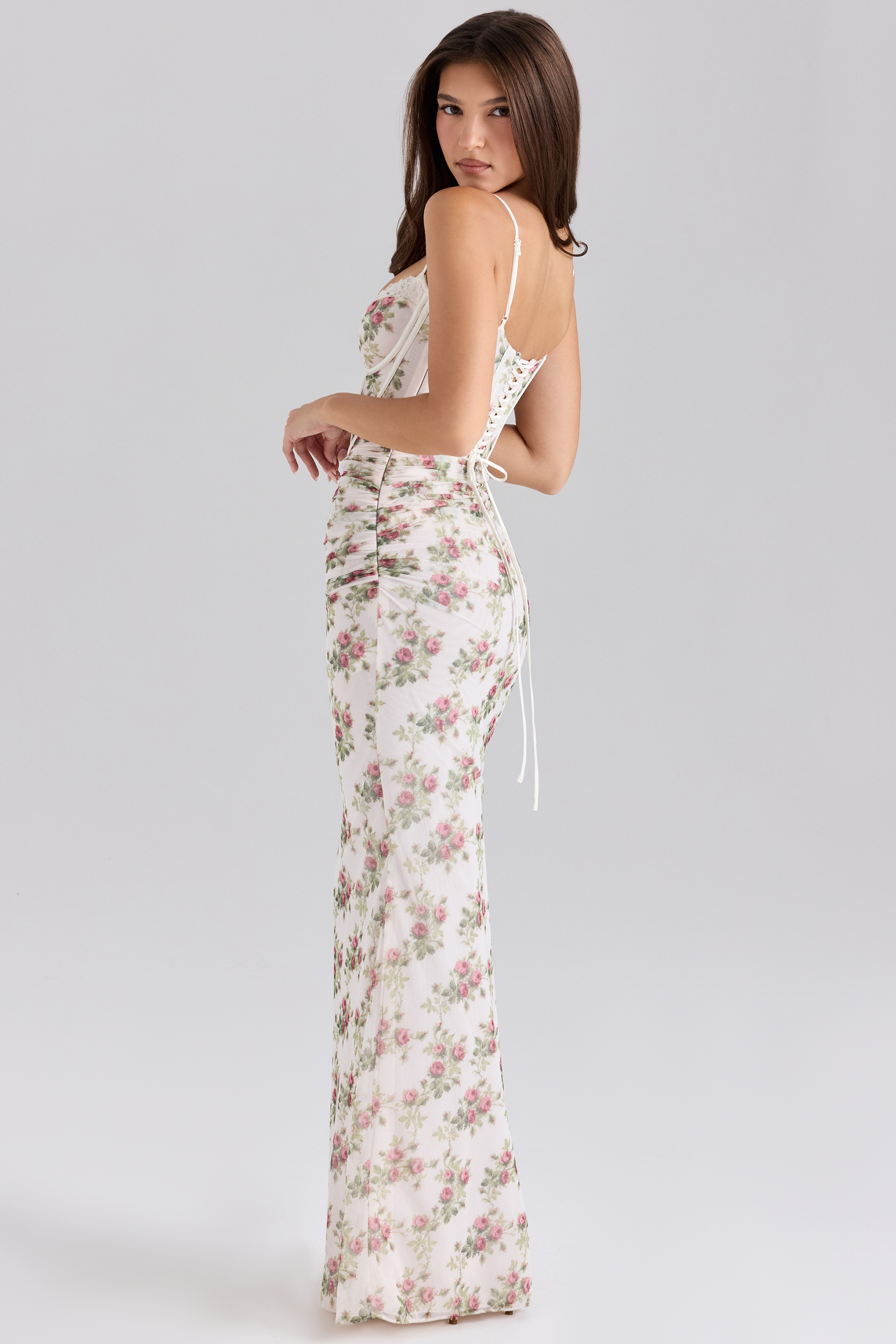 Calista  Cream Rose Print Mesh Maxi Dress — image 7