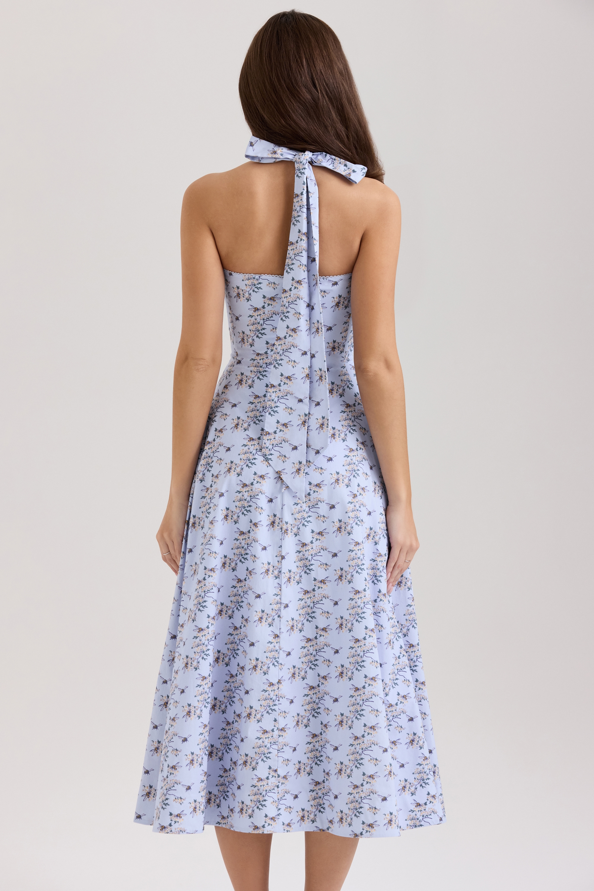 Claudia  Blue Floral Print Stretch Cotton Halter Neck Midi Dress — image 6