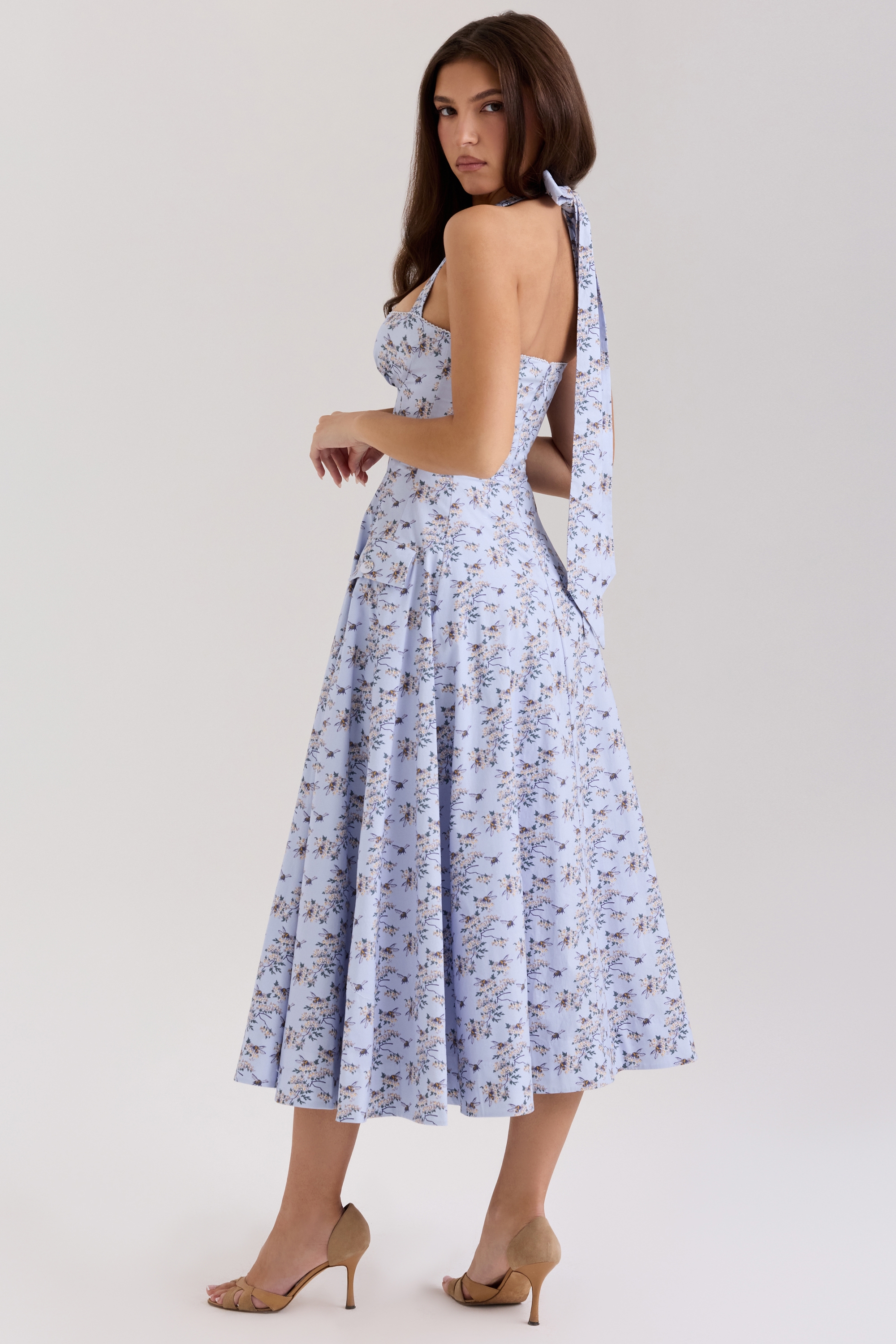 Claudia  Blue Floral Print Stretch Cotton Halter Neck Midi Dress — image 2