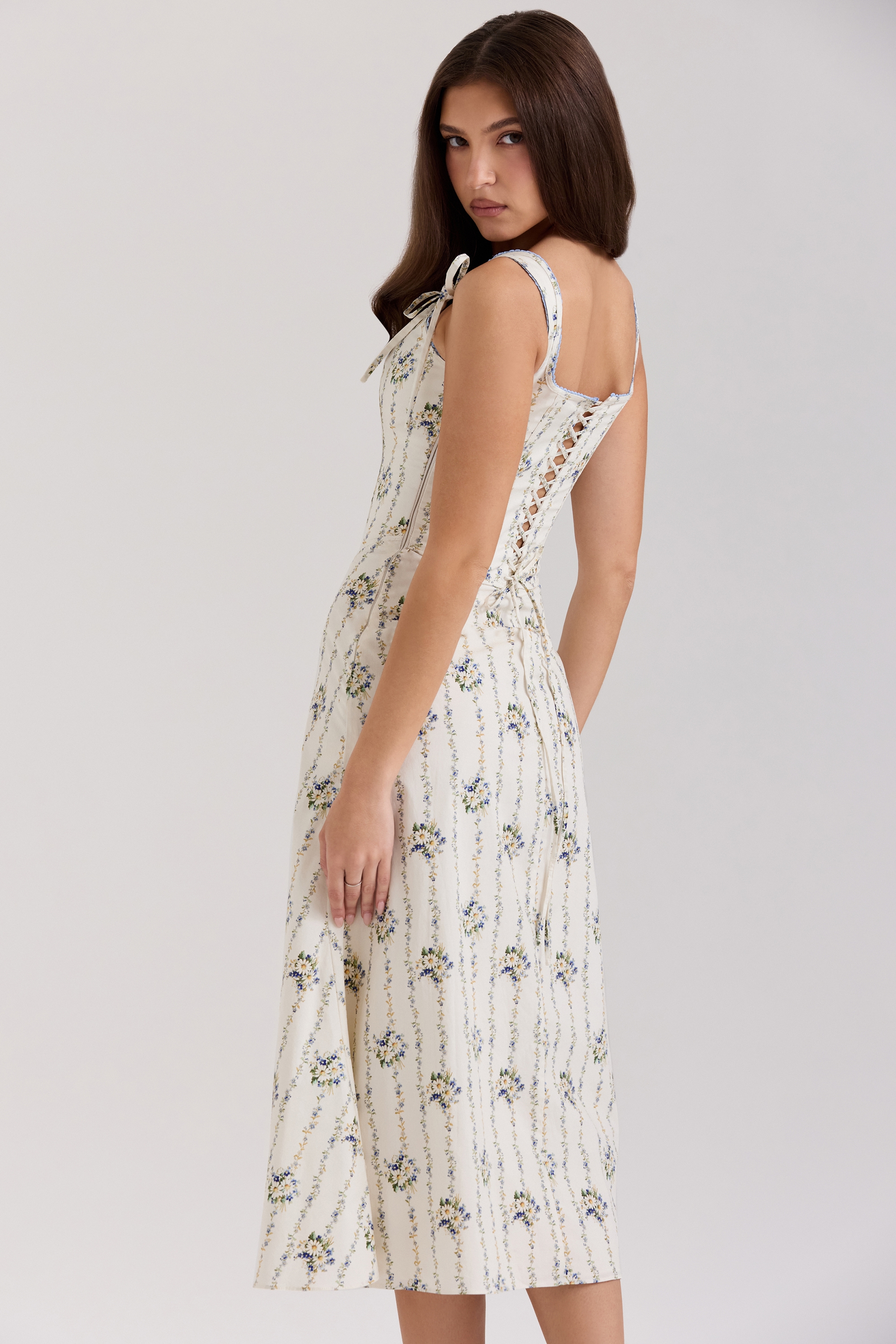 Dionne  Cream Daisy Print Stretch Cotton Midi Dress — image 2