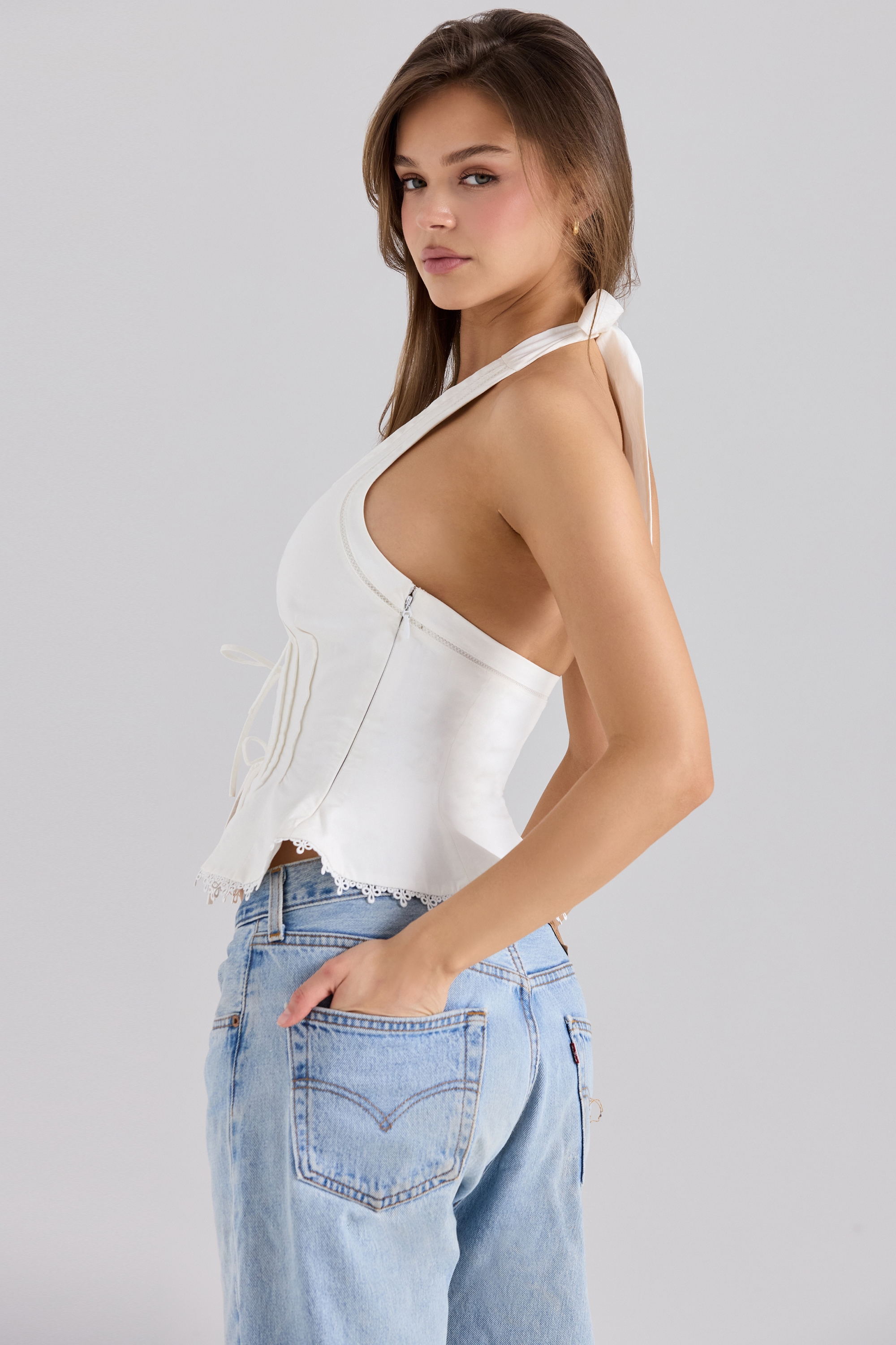 Elana  White Stretch Cotton Halter Neck Corset Top — image 6