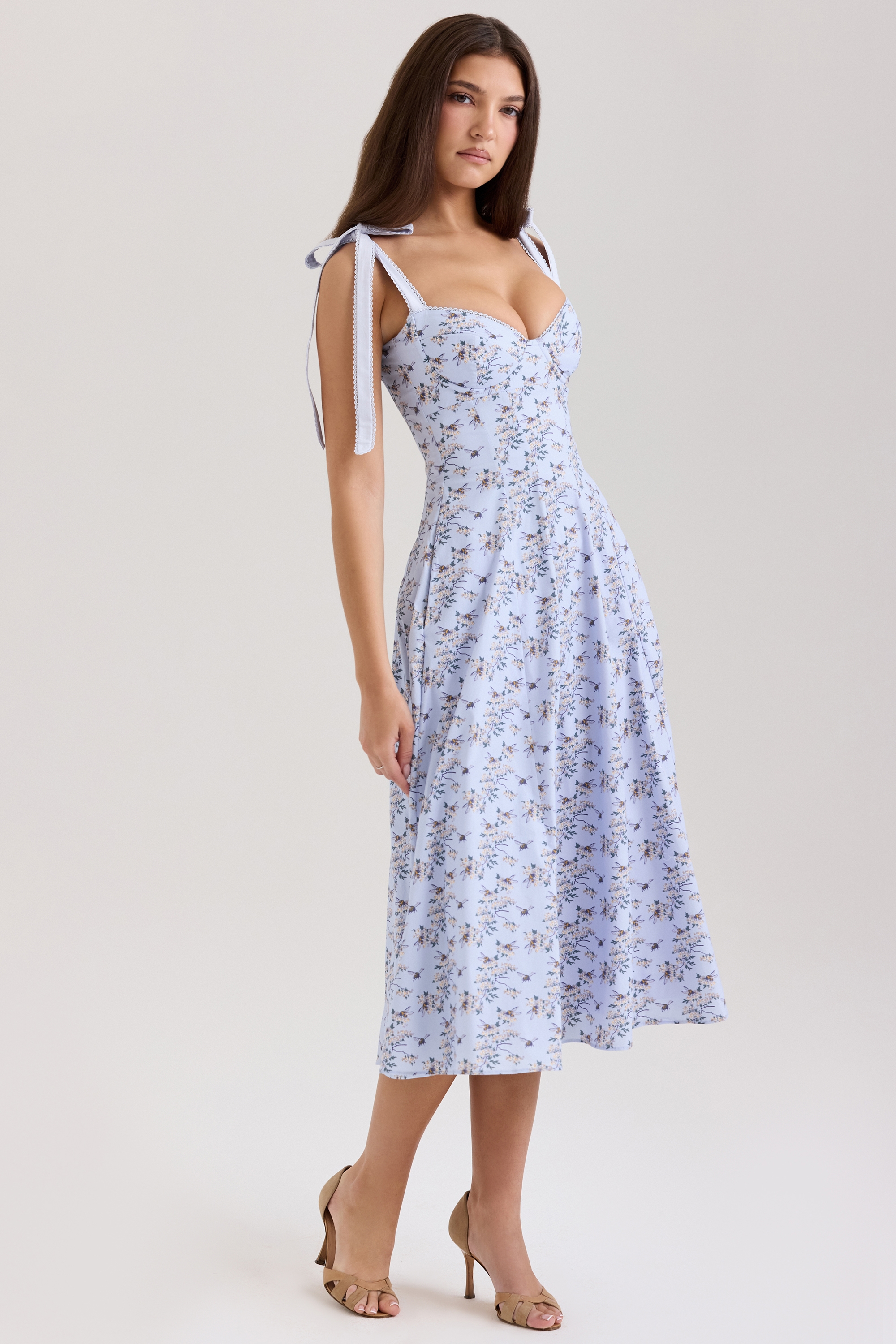 Emely  Blue Floral Print Stretch Cotton Midi Sundress — image 5