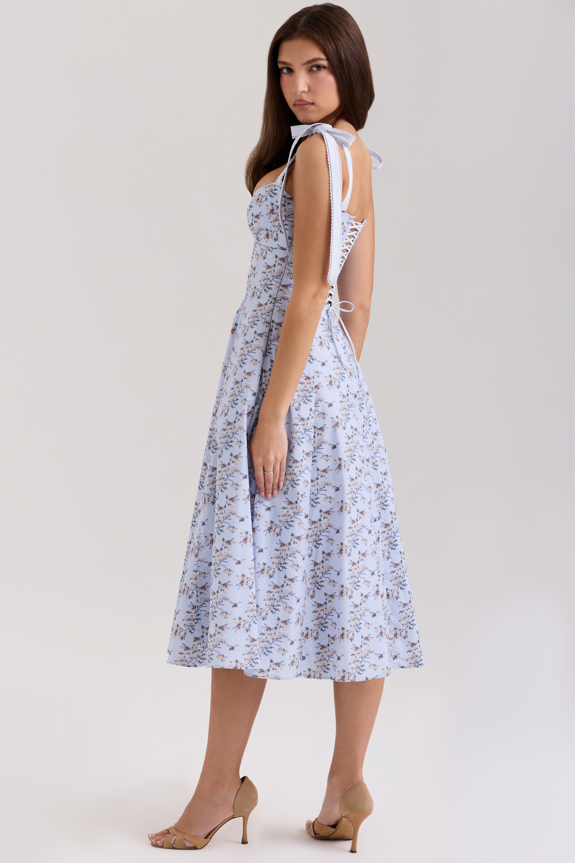 Emely  Blue Floral Print Stretch Cotton Midi Sundress — image 6
