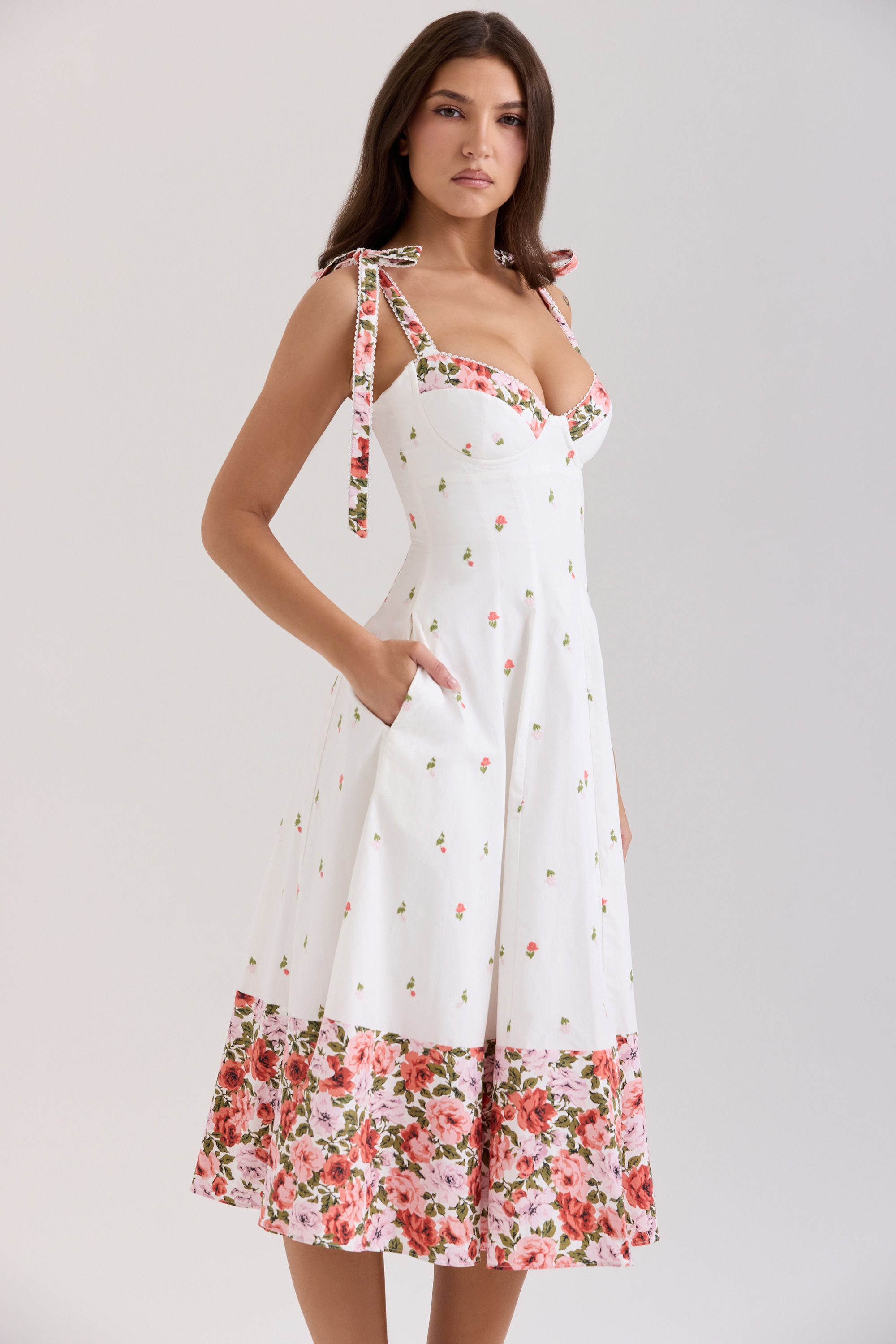 Emely  White Floral Print Stretch Cotton Midi Sundress — image 5