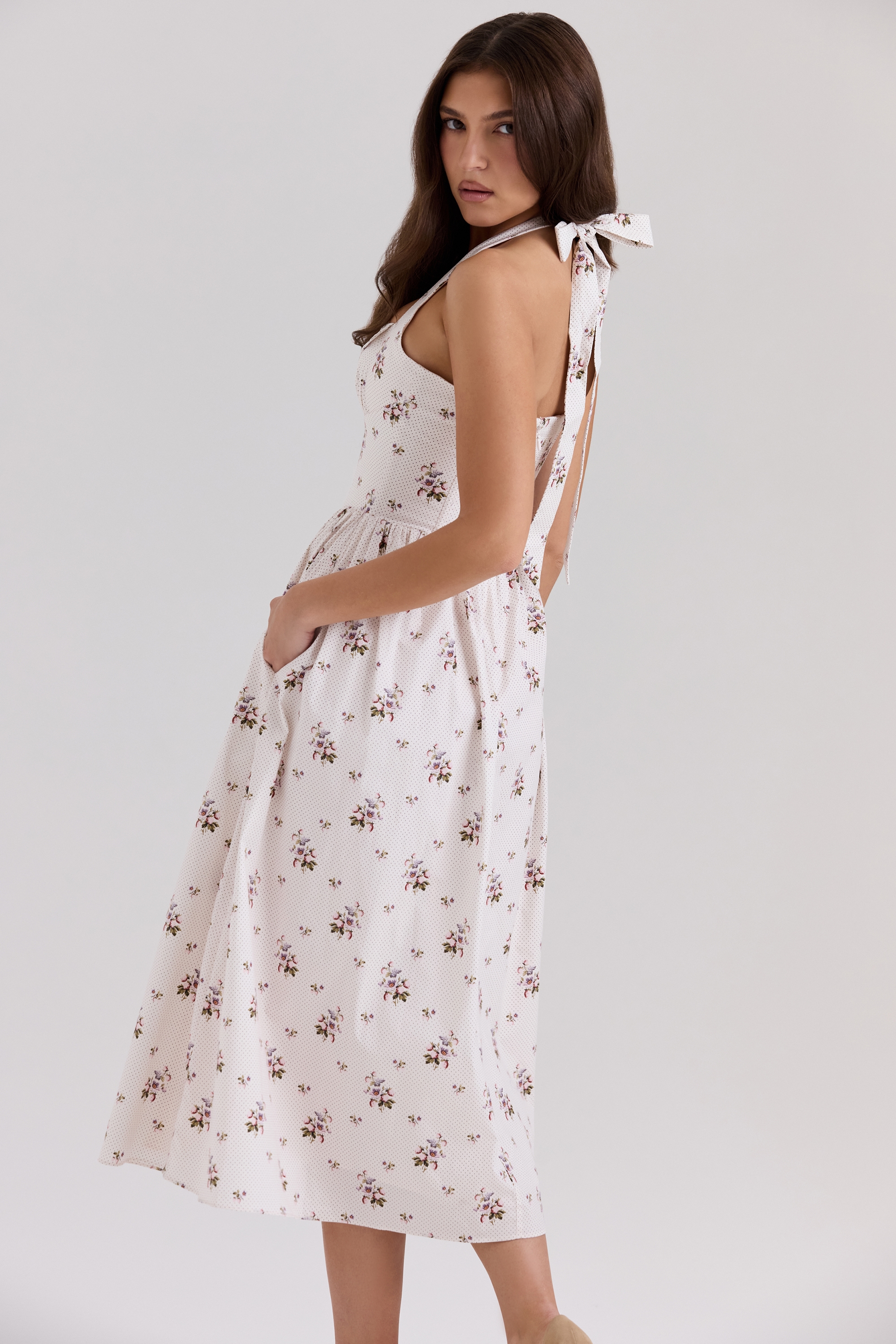 Emilia  Cream Floral Print Stretch Cotton Halter Neck Midi Dress — image 5