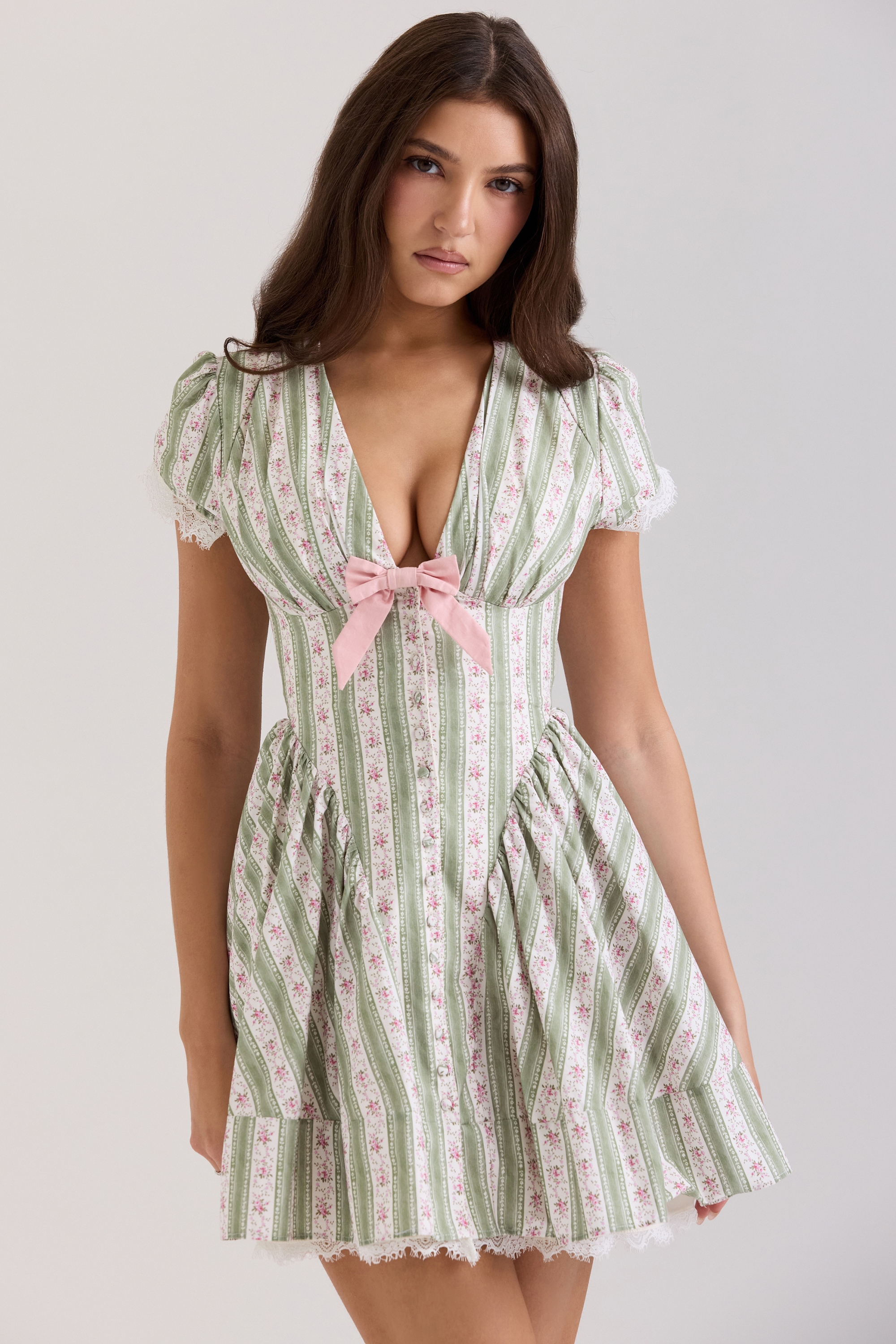 Emiliana Green Stripe Floral Print Stretch Cotton Mini Dress