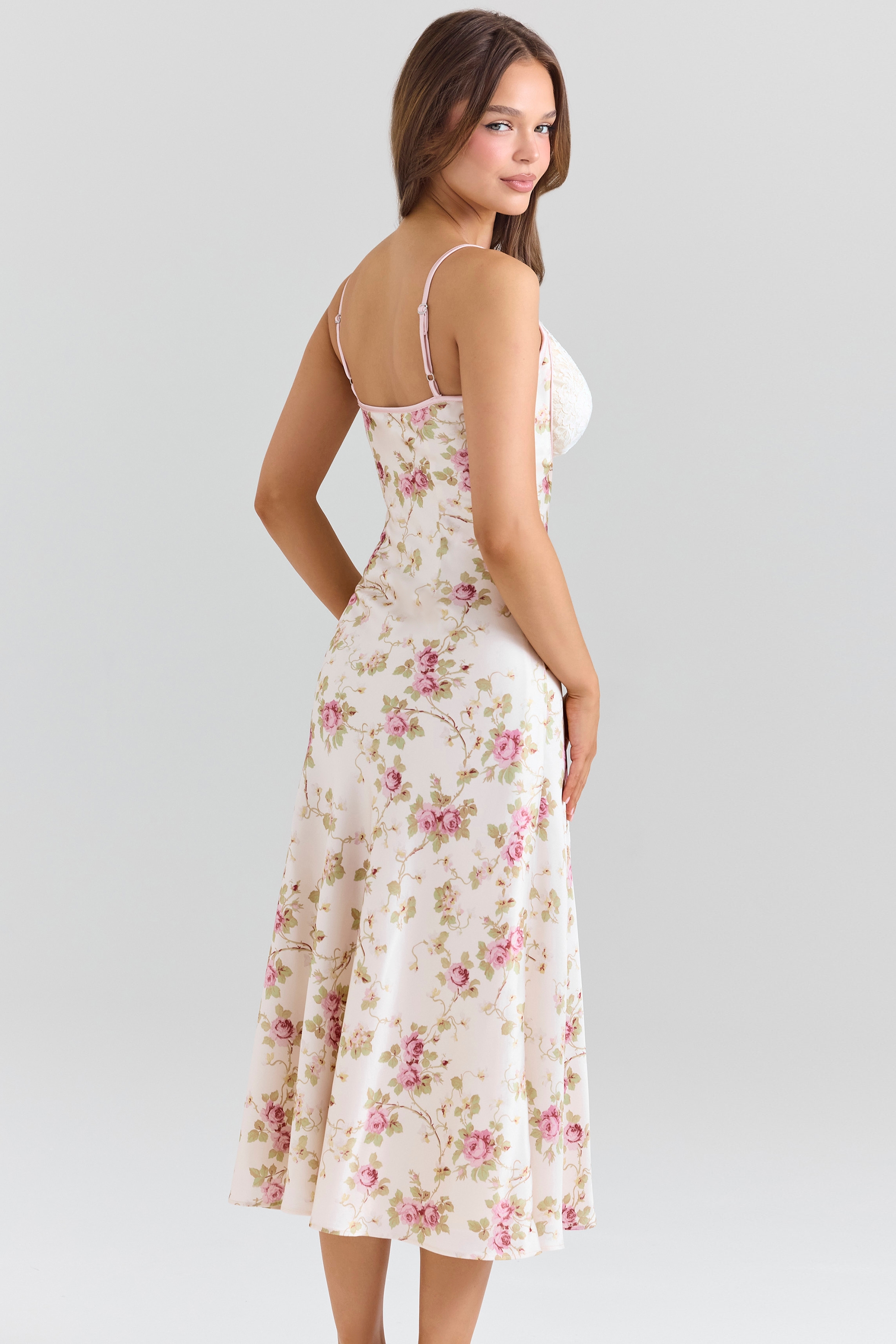 Felicity  Ivory Floral Print Satin Bias Cut Midi Dress — image 5