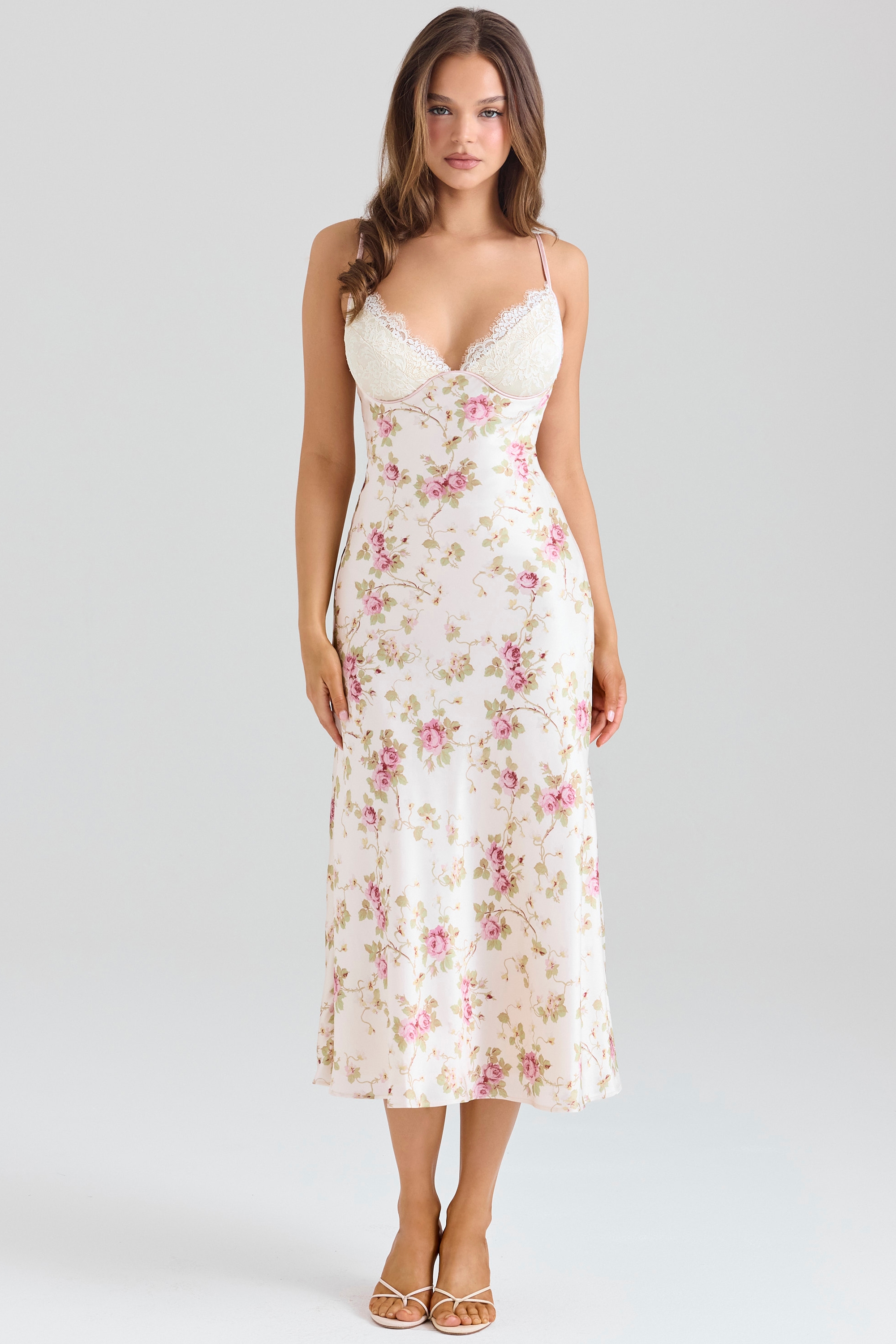 Felicity  Ivory Floral Print Satin Bias Cut Midi Dress — image 1