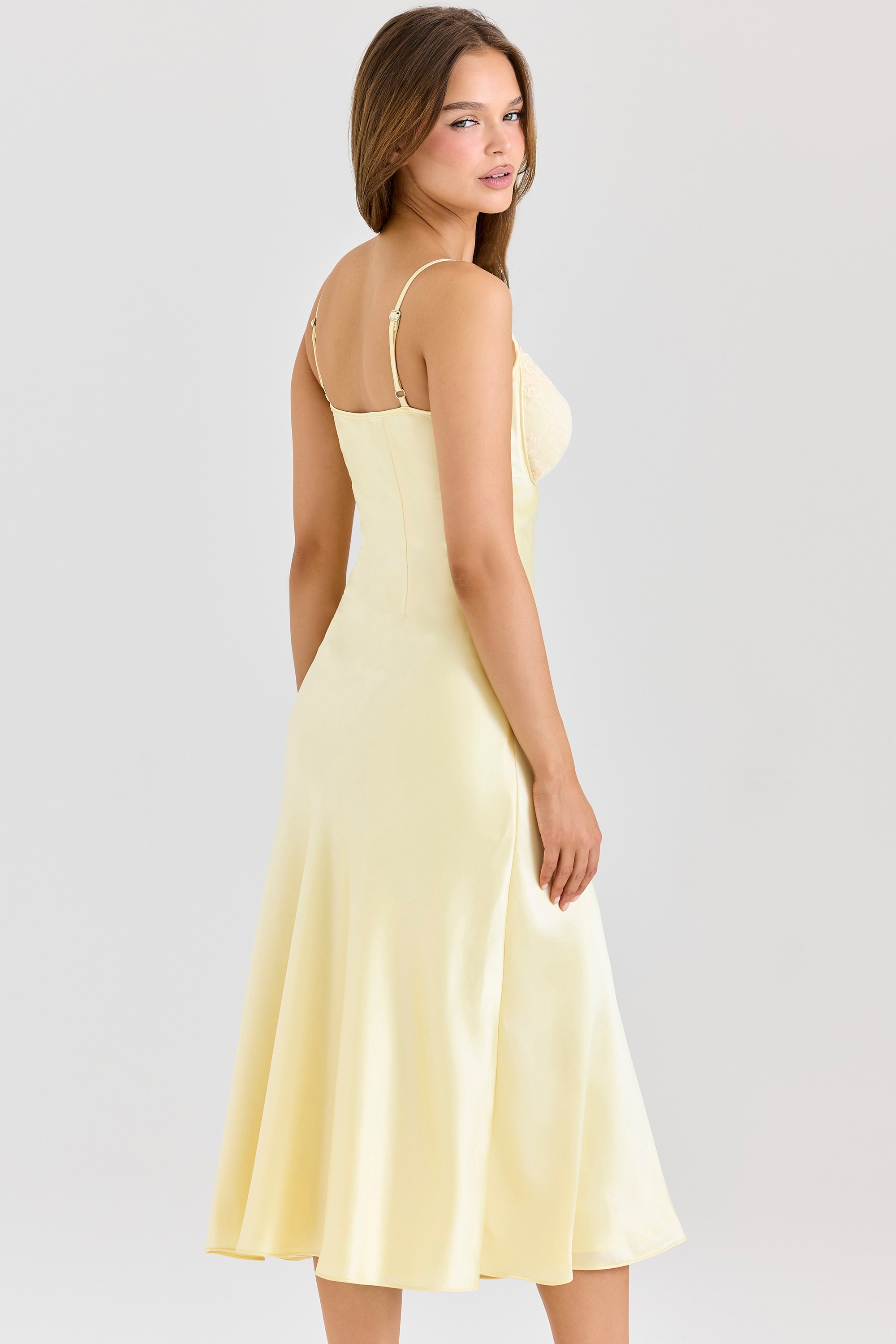 Felicity  Butter Yellow Satin Bias Cut Midi Dress — image 7