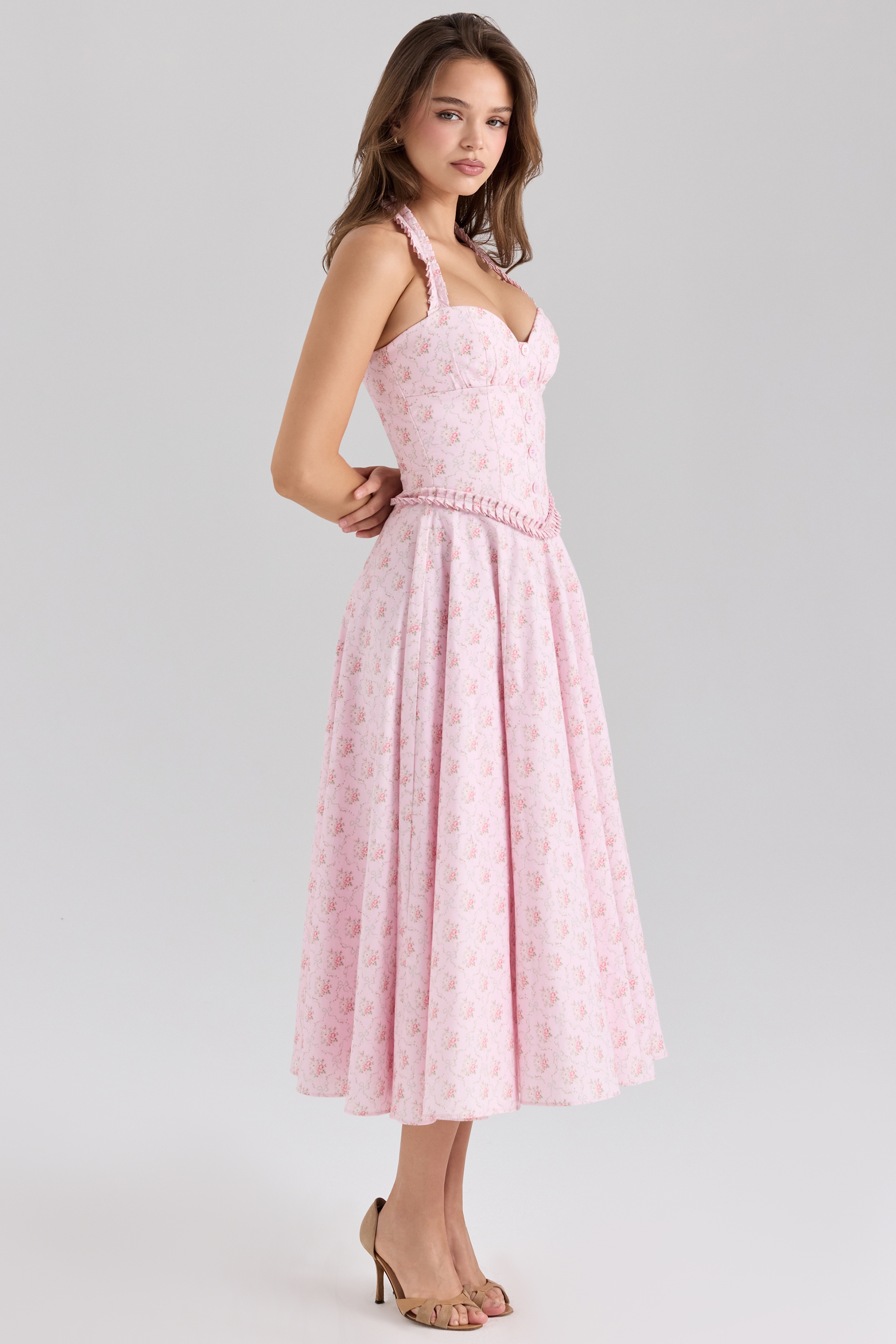 Georgie  Pink Rose Print Stretch Cotton Halter Neck Midi Dress — image 6