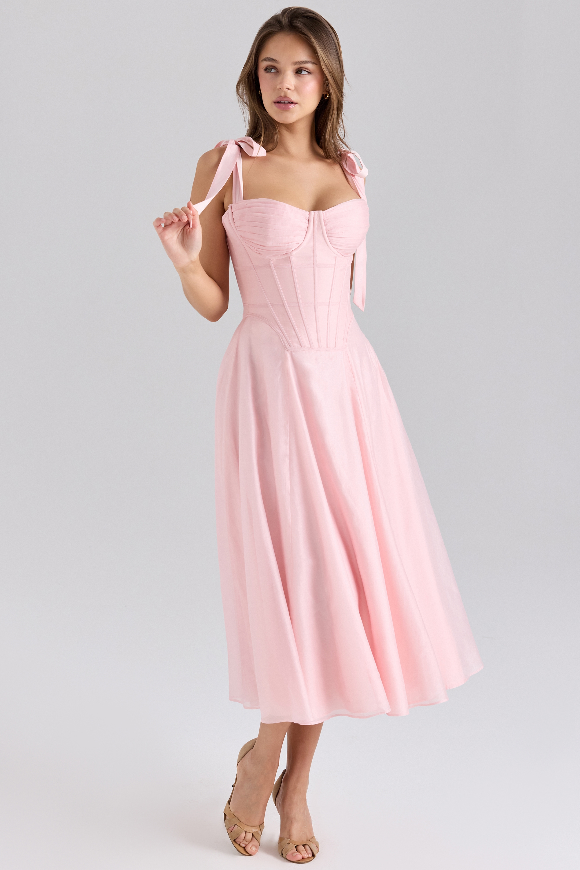 Leia  Pink Chiffon Tie Strap Midi Dress — image 3