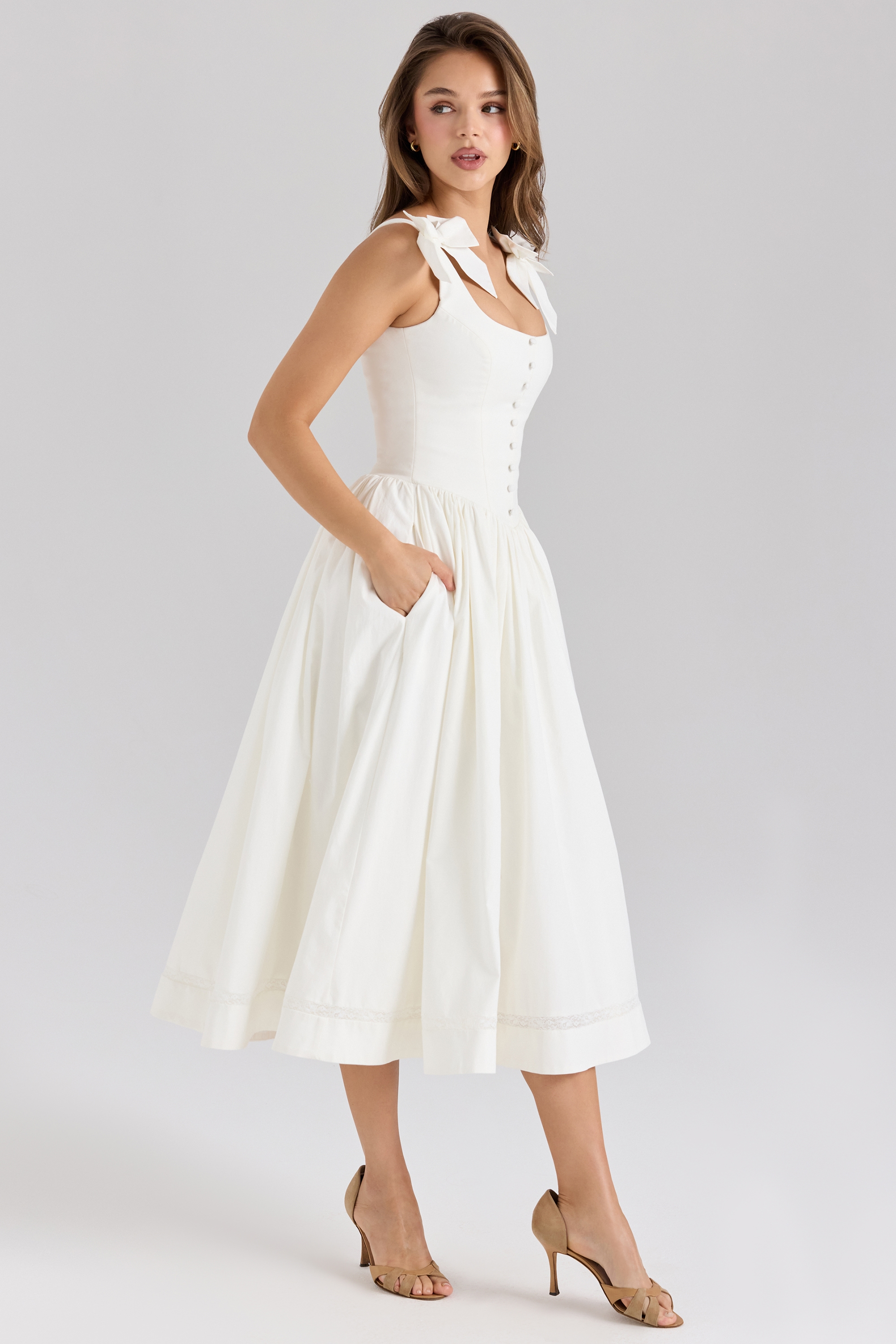 Lillia  White Stretch Cotton Bow Midi Dress — image 5